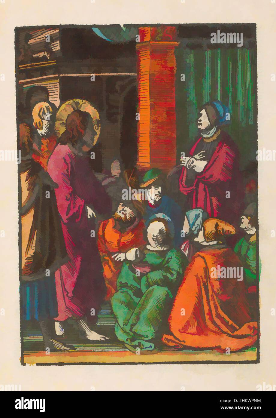 Arte ispirata dalla predicazione di Cristo, Mute Passion (titolo della serie), Cristo si rivolge a un gruppo di persone. Una donna si siede a terra tenendo un bambino tra le braccia. Un'altra donna è in piedi. La stampa fa parte di un libro., tipografia: Lucas van Leyden (laboratorio di), editore: Doen Pietersz, opere classiche modernizzate da Artotop con un tuffo di modernità. Forme, colore e valore, impatto visivo accattivante sulle emozioni artistiche attraverso la libertà delle opere d'arte in modo contemporaneo. Un messaggio senza tempo che persegue una nuova direzione selvaggiamente creativa. Artisti che si rivolgono al supporto digitale e creano l'NFT Artotop Foto Stock