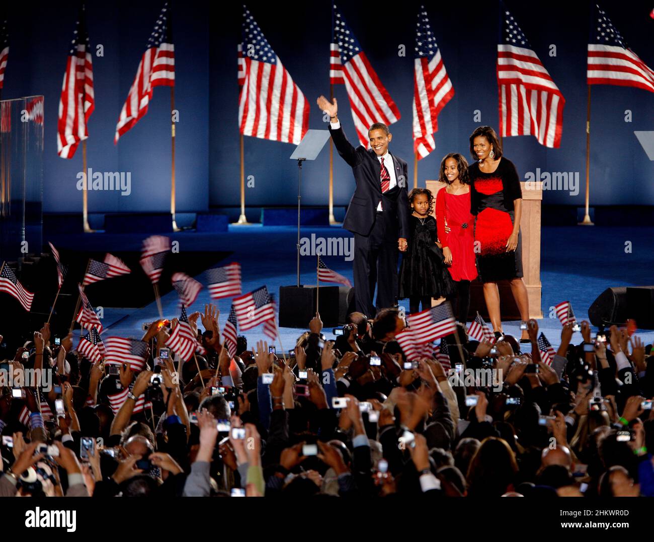 Chicago, Illinois, USA, 20081105: Candidato presidenziale Barack Obama tiene il suo discorso di accettazione sul campo di Hutchinson a Grant Park a Chicago, dopo essere stato eletto il prossimo presidente degli Stati Uniti Foto: Orjan F. Ellingvag/ Dagbladet/ Corbis Foto Stock