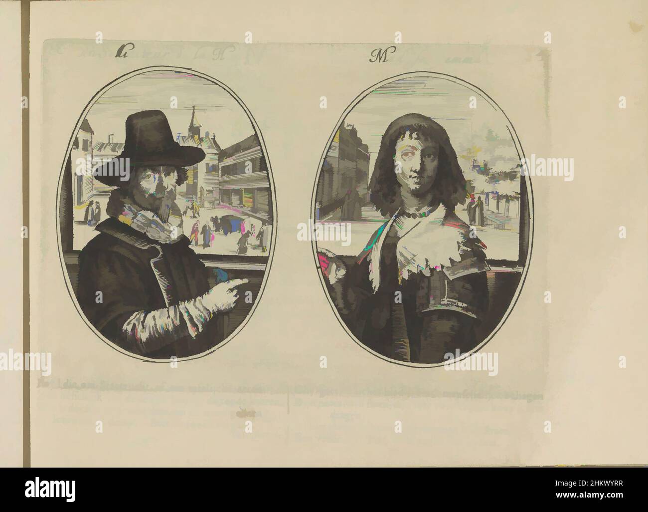 Arte ispirata da Solliciteur dell'Aia e sua moglie, un solliciteur de la H., Mad. sa femme, Les abus du mariage (titolo della serie), due rappresentazioni su una foglia di album. A sinistra, il ritratto fittizio di un solliciteur dell'Aia, avvocato di piccole cause. Dietro di lui a, opere classiche modernizzate da Artotop con un tuffo di modernità. Forme, colore e valore, impatto visivo accattivante sulle emozioni artistiche attraverso la libertà delle opere d'arte in modo contemporaneo. Un messaggio senza tempo che persegue una nuova direzione selvaggiamente creativa. Artisti che si rivolgono al supporto digitale e creano l'NFT Artotop Foto Stock