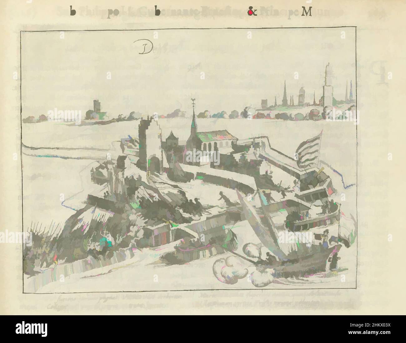 Arte ispirata dall'attacco di Verdugo su Delfzijl, 1594, attacco fallito da parte delle truppe spagnole sotto Verdugo su Delfzijl, nella notte del 12 al 13 febbraio 1594. Con didascalia di 4 righe in latino. Numerato 216. Stampato sul retro con testo in latino., stampatore: Simon Frisius, editore, opere classiche modernizzate da Artotop con un tocco di modernità. Forme, colore e valore, impatto visivo accattivante sulle emozioni artistiche attraverso la libertà delle opere d'arte in modo contemporaneo. Un messaggio senza tempo che persegue una nuova direzione selvaggiamente creativa. Artisti che si rivolgono al supporto digitale e creano l'NFT Artotop Foto Stock
