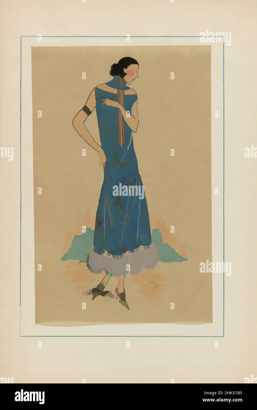 Arte ispirata da Très Parisien, 1923, n. 11: 14. - LAQUE DE CHINE. - Charmante est cette toilette..., 'Toilette' di crepe de Chine blu navy con ricamo d'oro. Gli unici rifili sono un'ampia banda di pelliccia di lepre grigia e un colletto con nastri stretti. Tessuti di Racine. Stampa da, opere classiche modernizzate da Artotop con un tuffo di modernità. Forme, colore e valore, impatto visivo accattivante sulle emozioni artistiche attraverso la libertà delle opere d'arte in modo contemporaneo. Un messaggio senza tempo che persegue una nuova direzione selvaggiamente creativa. Artisti che si rivolgono al supporto digitale e creano l'NFT Artotop Foto Stock