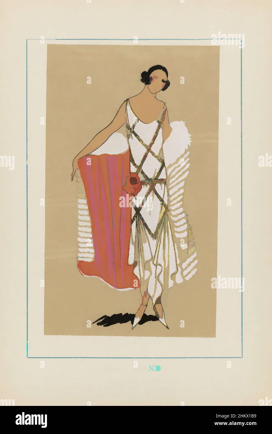 Arte ispirata da Très Parisien, 1923, n. 11: 6.- ROSE DE NOEL. - D'un charme tout particulier..., Design by Brandt. Abito di 'Verlours chiffon' bianco su cui nastri color oro, attraversati diagonalmente, e in fondo 'ille godets' (false pieghe). Capo(?) di pelliccia. Corsage floreale. Stampa, opere classiche modernizzate da Artotop con un tocco di modernità. Forme, colore e valore, impatto visivo accattivante sulle emozioni artistiche attraverso la libertà delle opere d'arte in modo contemporaneo. Un messaggio senza tempo che persegue una nuova direzione selvaggiamente creativa. Artisti che si rivolgono al supporto digitale e creano l'NFT Artotop Foto Stock