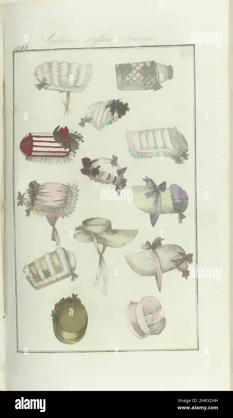 Art Inspired by Journal des Dames et des Modes, Frankfurt Edition 24 novembre 1806, Costume Parisien (48), otto cappelli da donna diversi, numerati da 1 a 8. Secondo il testo di accompagnamento (pag. 237): Fig. 1: Cappelli a baldacchino di percale, fig. 2: Cappelli a baldacchino di taffeta. Fig. 3: Paysanne, opere classiche modernizzate da Artotop con un tuffo di modernità. Forme, colore e valore, impatto visivo accattivante sulle emozioni artistiche attraverso la libertà delle opere d'arte in modo contemporaneo. Un messaggio senza tempo che persegue una nuova direzione selvaggiamente creativa. Artisti che si rivolgono al supporto digitale e creano l'NFT Artotop Foto Stock