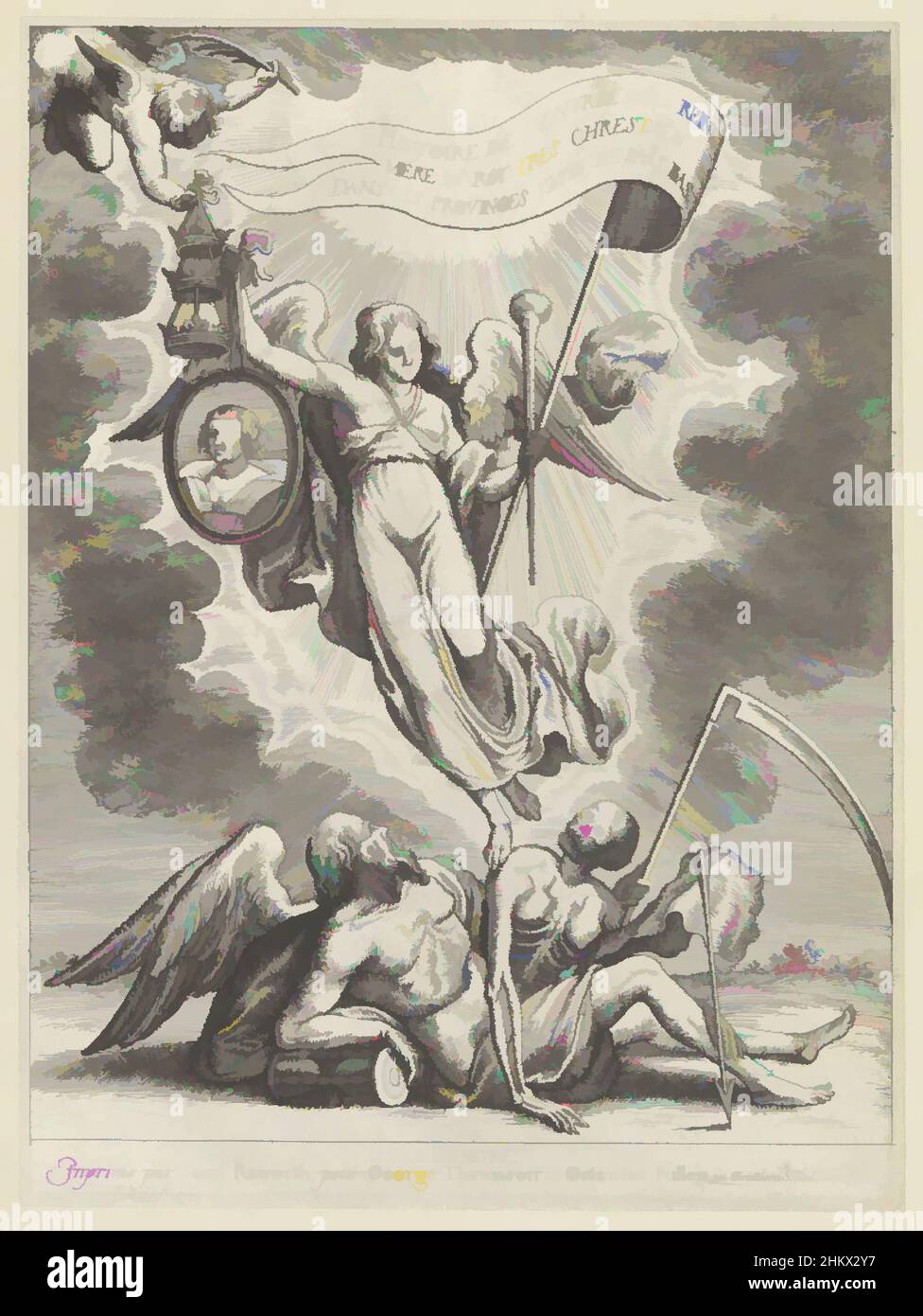 Arte ispirata da Faam conquista il tempo e la morte, Histoire de l'entree de la reine Mere du Roy tres chrestien, dans les Province Unies des Pais Bas, la personificazione di Faam tenendo in mano sinistra un alloro e una bandiera intitolata: Histoire de l'entree ... Con la mano destra, Faam sostiene, opere classiche modernizzate da Artotop con un tuffo di modernità. Forme, colore e valore, impatto visivo accattivante sulle emozioni artistiche attraverso la libertà delle opere d'arte in modo contemporaneo. Un messaggio senza tempo che persegue una nuova direzione selvaggiamente creativa. Artisti che si rivolgono al supporto digitale e creano l'NFT Artotop Foto Stock