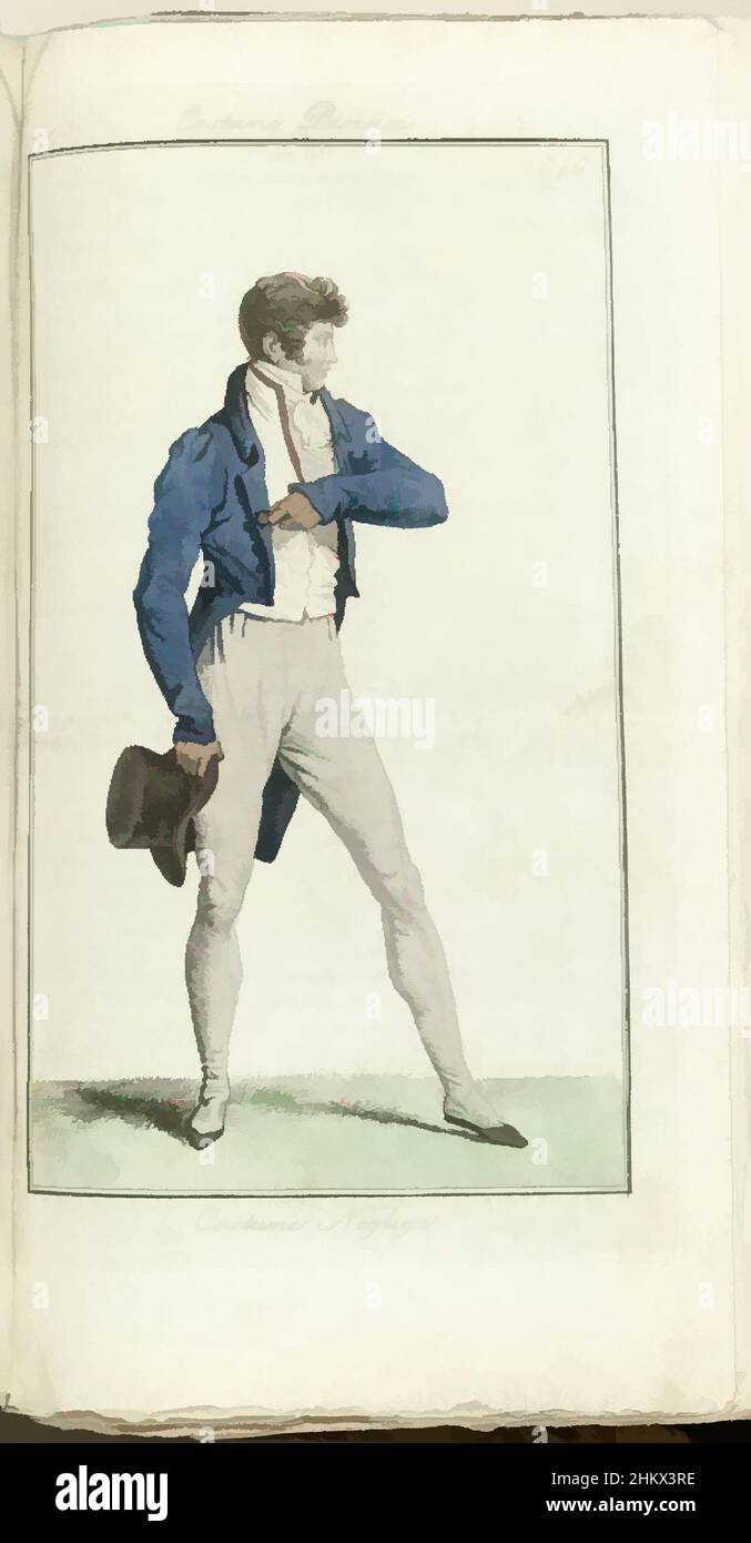 Art Inspired by Journal des Dames et des Modes, Costume Parisien, 1805, AN 13 (646) Costume Négligé, uomo in piedi a destra, cappello in mano, vestito in 'Costume Négligé: frak, gilet e pantaloni lunghi. Camicia con jabot con volant. Cravate. Accessori: Guanti, camici, scarpe piatte. La stampa, Classic opere modernizzate da Artotop con un tuffo di modernità. Forme, colore e valore, impatto visivo accattivante sulle emozioni artistiche attraverso la libertà delle opere d'arte in modo contemporaneo. Un messaggio senza tempo che persegue una nuova direzione selvaggiamente creativa. Artisti che si rivolgono al supporto digitale e creano l'NFT Artotop Foto Stock