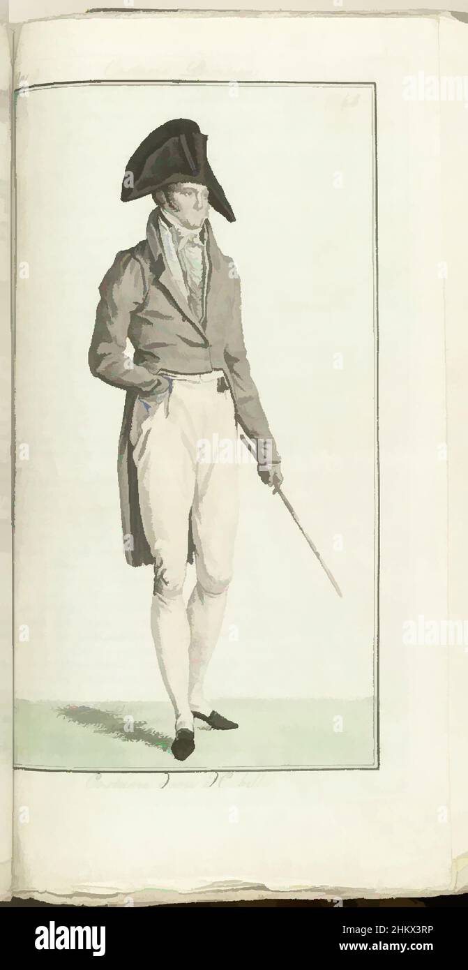 Art Inspired by Journal des Dames et des Modes, Costume Parisien, 1805, an 13 (648) Costume demi Habillé, uomo in piedi a destra, vestito in un costume demi habillé: frak con due file di bottoni, gilet e ginocchiere. Camicia con jabot con volant. Cravate. Calze. Accessori, opere classiche modernizzate da Artotop con un tocco di modernità. Forme, colore e valore, impatto visivo accattivante sulle emozioni artistiche attraverso la libertà delle opere d'arte in modo contemporaneo. Un messaggio senza tempo che persegue una nuova direzione selvaggiamente creativa. Artisti che si rivolgono al supporto digitale e creano l'NFT Artotop Foto Stock