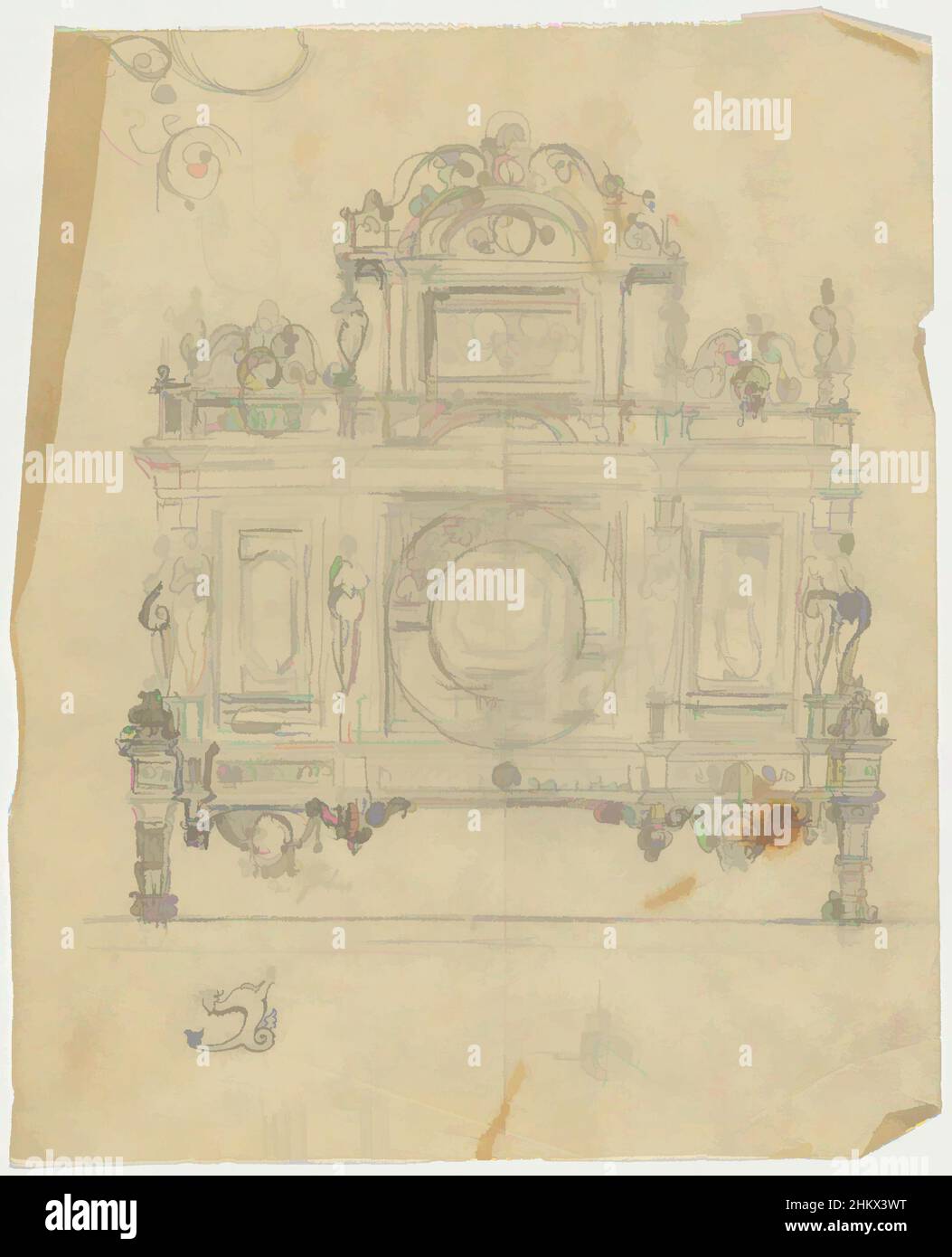 Arte ispirata al fuoco schermo, disegnatore: Firma Feuchère, Parigi, c.. 1830 - c. 1850, carta da ricalco, grafite (minerale), penna, altezza 244 mm x larghezza 375 mm, opere classiche modernizzate da Artotop con un tocco di modernità. Forme, colore e valore, impatto visivo accattivante sulle emozioni artistiche attraverso la libertà delle opere d'arte in modo contemporaneo. Un messaggio senza tempo che persegue una nuova direzione selvaggiamente creativa. Artisti che si rivolgono al supporto digitale e creano l'NFT Artotop Foto Stock