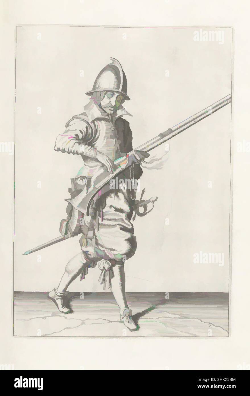 Arte ispirata al soldato che chiude la padella del suo timone (n. 17), c.. 1600, un soldato, a tutta lunghezza, a destra, chiudendo la padella (il serbatoio della polvere) del suo timone (un particolare tipo di arma da fuoco) con la mano destra (n. 17), c.. 1600. Nella sua mano sinistra, oltre al timone, un fusibile ardente, opere classiche modernizzate da Artotop con un tuffo di modernità. Forme, colore e valore, impatto visivo accattivante sulle emozioni artistiche attraverso la libertà delle opere d'arte in modo contemporaneo. Un messaggio senza tempo che persegue una nuova direzione selvaggiamente creativa. Artisti che si rivolgono al supporto digitale e creano l'NFT Artotop Foto Stock