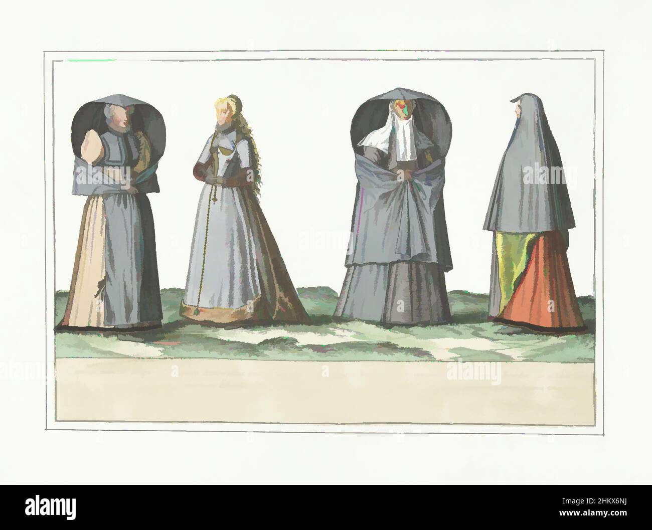 Arte ispirata a quattro donne vestite secondo la moda di Anversa, Brabant e 's-Hertogenbosch, ca. 1580, costumi civils des Pays-Bas, due uomini e due donne vestiti secondo la moda di Anversa, Brabante e 's-Hertogenbosch, ca. 1580. Parte della serie Habitus Variarum, opere classiche modernizzate da Artotop con un tuffo di modernità. Forme, colore e valore, impatto visivo accattivante sulle emozioni artistiche attraverso la libertà delle opere d'arte in modo contemporaneo. Un messaggio senza tempo che persegue una nuova direzione selvaggiamente creativa. Artisti che si rivolgono al supporto digitale e creano l'NFT Artotop Foto Stock