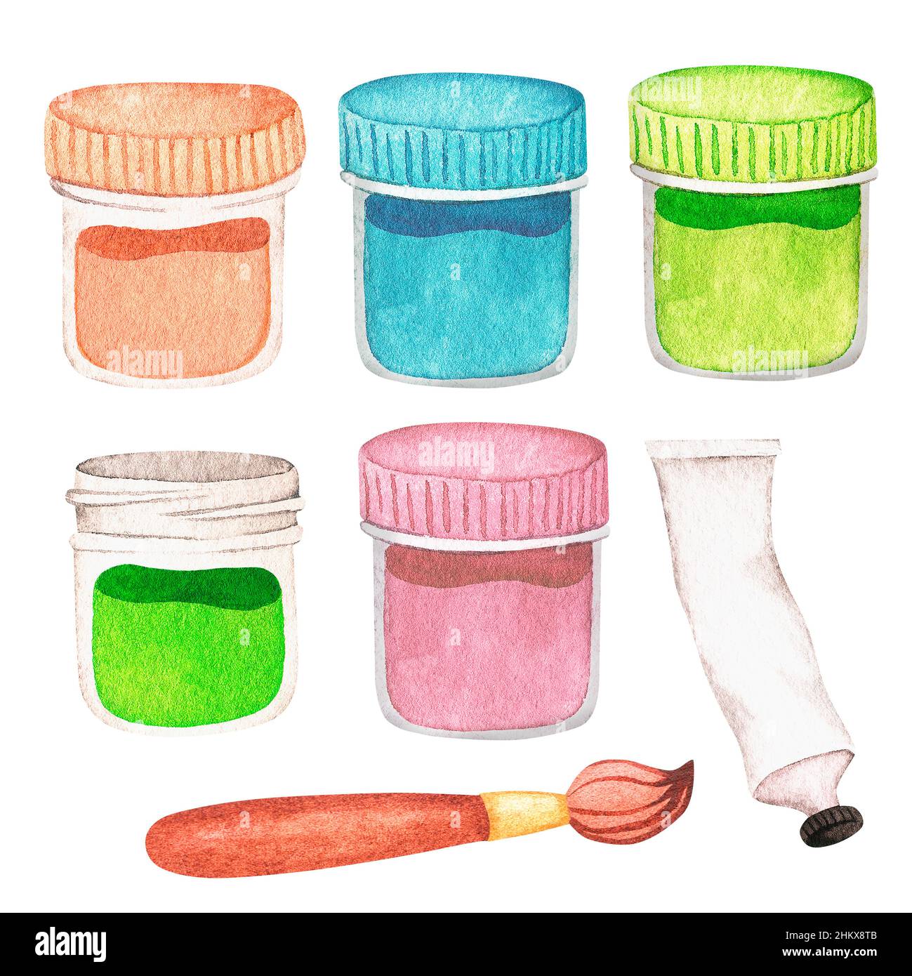 Vernici e un pennello. Gli strumenti dell'artista. Illustrazione dell'acquerello. Isolato su sfondo bianco. Per la progettazione di biglietti d'auguri, pacchetti regalo. Foto Stock