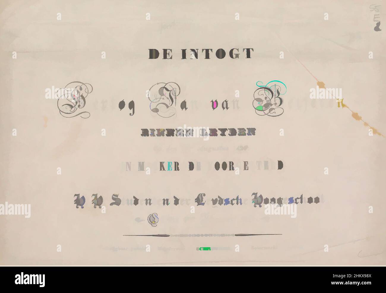 Arte ispirata da Masquerade da studenti dell'Università di Leiden, 1840 (pagina del titolo), l'ingresso del duca Jan van Beijeren binnen Leijden, Op den 18den Augustus 1420, in mascherata presentata da H.H. Students der Leydsche Hoogeschool, Op den 8sten Febbraio 1840, sfilata storica in costume, opere classiche modernizzate da Artotop con un tuffo di modernità. Forme, colore e valore, impatto visivo accattivante sulle emozioni artistiche attraverso la libertà delle opere d'arte in modo contemporaneo. Un messaggio senza tempo che persegue una nuova direzione selvaggiamente creativa. Artisti che si rivolgono al supporto digitale e creano l'NFT Artotop Foto Stock