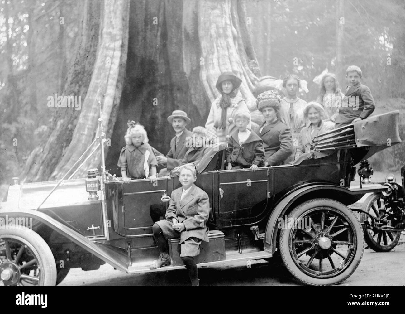 Fotografia vintage in bianco e nero di un'auto da turismo con passeggeri di fronte a Hollow Tree in Stanley Park ca. 1915, Vancouver, British Columbia, Canada Foto Stock
