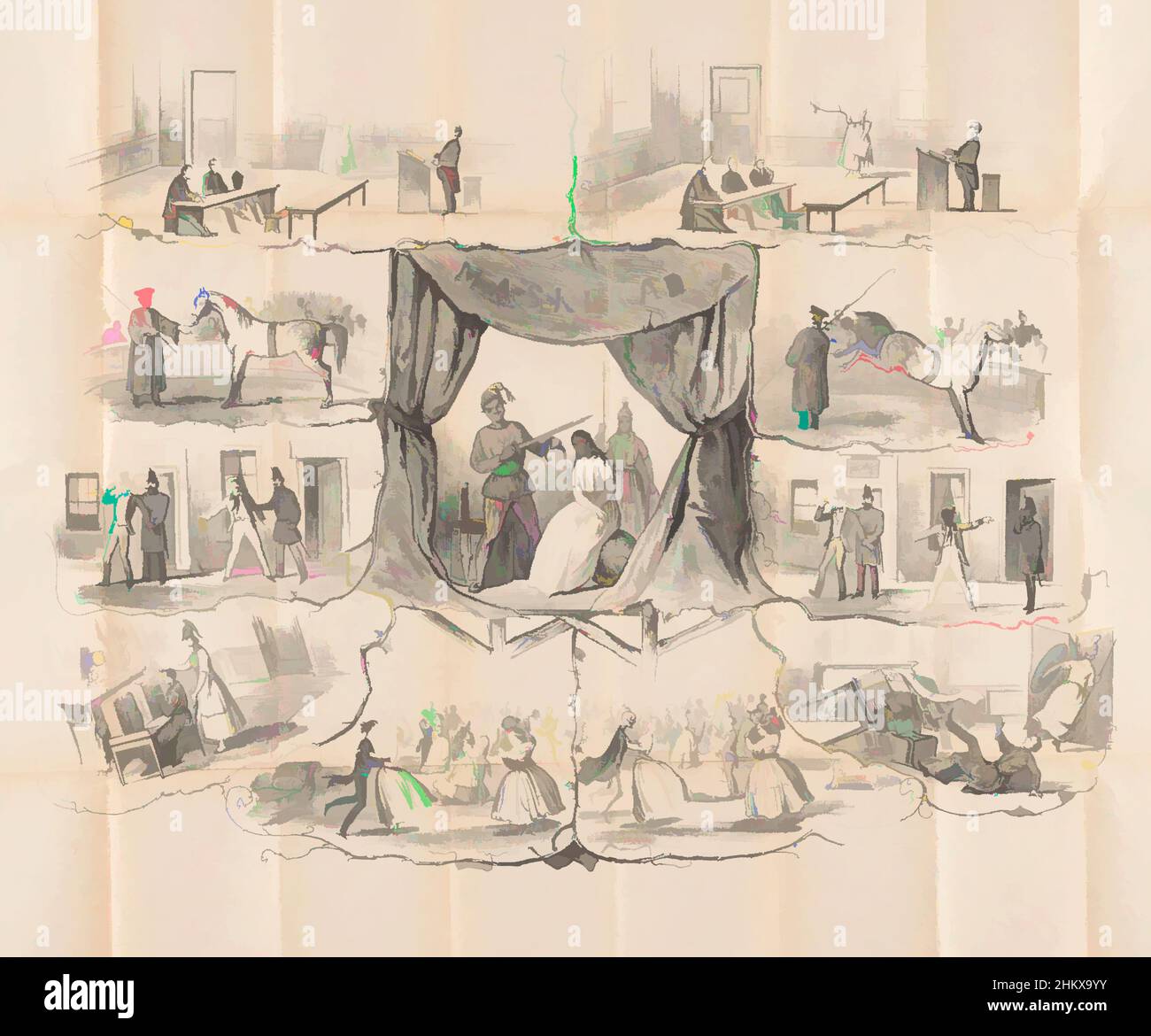 Arte ispirata da Cartoon in Leiden studente almanac, 1862, De Akademie-Wereld, foglio con scene e fantasie della vita studentesca, sinistra 'mascherata' e destra 'senza mascherata'. Al centro, un Masquerade di scena su cui un harlequin priva una vecchia donna di una maschera. Questa stampa è sciolta in un separato, opere classiche modernizzate da Artotop con un tuffo di modernità. Forme, colore e valore, impatto visivo accattivante sulle emozioni artistiche attraverso la libertà delle opere d'arte in modo contemporaneo. Un messaggio senza tempo che persegue una nuova direzione selvaggiamente creativa. Artisti che si rivolgono al supporto digitale e creano l'NFT Artotop Foto Stock