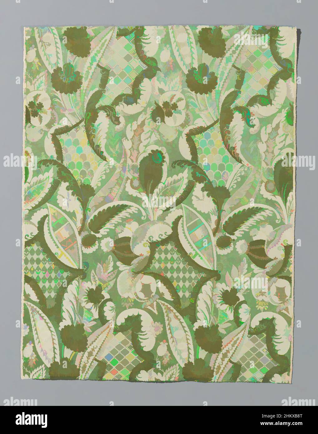Arte ispirata a tessuto di seta Bane con motivo bizzarro, tessuto di seta Bane di broccato e lappas liséré lanciato. Dessin: Bizzarro modello di foglie di piume e forme di frutta (melograni?) Pieno di motivi geometrici in écru (tessuto macinato), verde (liséré), écru (lancio), écru (lancio, opere classiche modernizzate da Artotop con un tuffo di modernità. Forme, colore e valore, impatto visivo accattivante sulle emozioni artistiche attraverso la libertà delle opere d'arte in modo contemporaneo. Un messaggio senza tempo che persegue una nuova direzione selvaggiamente creativa. Artisti che si rivolgono al supporto digitale e creano l'NFT Artotop Foto Stock