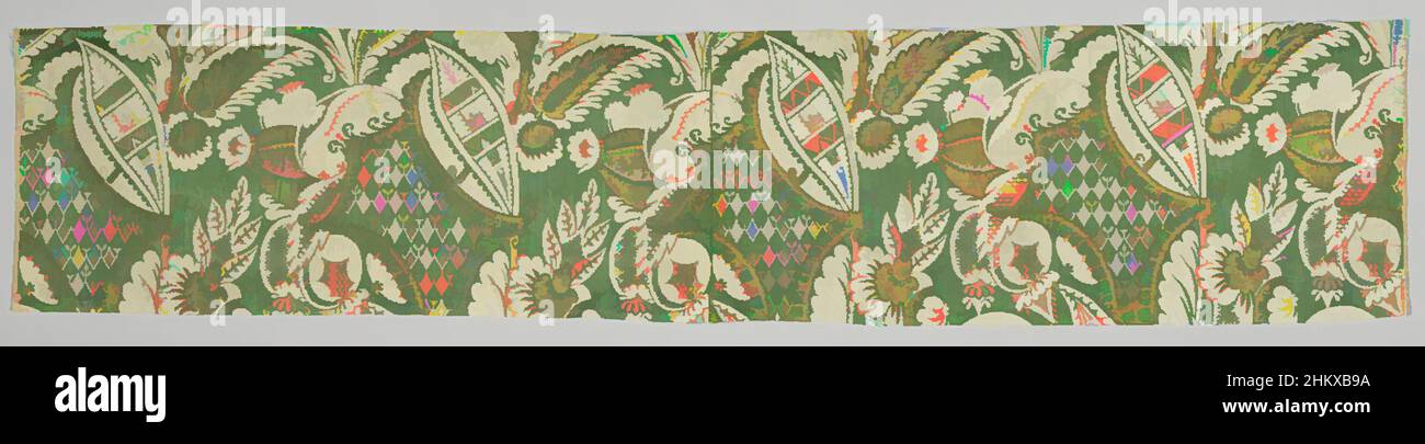 Arte ispirata da un frammento di tessuto di seta con motivo bizzarro, frammento di tessuto di seta, costituito da due pezzi cuciti insieme. Broccato e lanciato lampas liséré. Dessin: Bizzarro modello di foglie di piume e forme di frutta (melograni?) Pieno di motivi geometrici in écru (terreno, opere classiche modernizzate da Artotop con un tuffo di modernità. Forme, colore e valore, impatto visivo accattivante sulle emozioni artistiche attraverso la libertà delle opere d'arte in modo contemporaneo. Un messaggio senza tempo che persegue una nuova direzione selvaggiamente creativa. Artisti che si rivolgono al supporto digitale e creano l'NFT Artotop Foto Stock