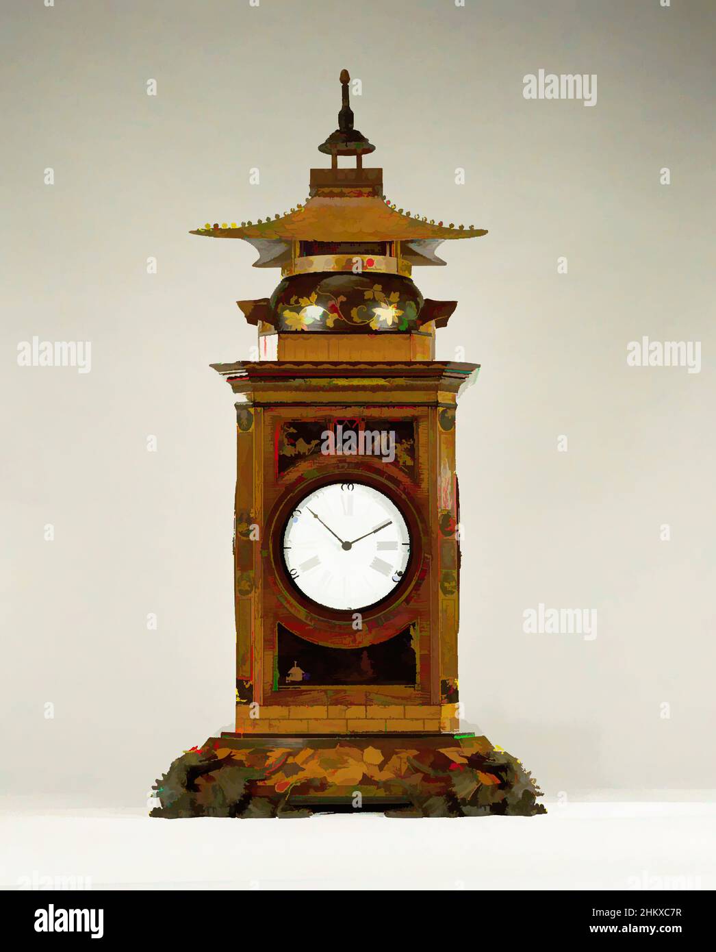 Arte ispirata a Clock Case, Pendulum Case, rettangolare con angoli smussati in rovere, calce, faggio ed olmo e impiallacciati con noce, olivo, acero, tasso, palissandro e mogano, Intarsiato con laccature giapponesi e cinesi. La base più ampia, decorata con marchesia di roccia, opere classiche modernizzate da Artotop con un tuffo di modernità. Forme, colore e valore, impatto visivo accattivante sulle emozioni artistiche attraverso la libertà delle opere d'arte in modo contemporaneo. Un messaggio senza tempo che persegue una nuova direzione selvaggiamente creativa. Artisti che si rivolgono al supporto digitale e creano l'NFT Artotop Foto Stock