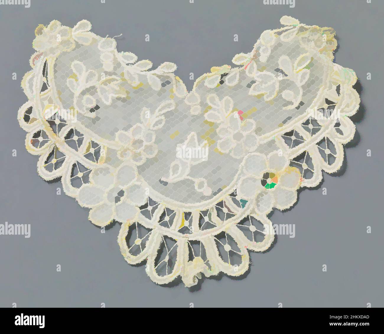 Arte ispirata da applicazioni a forma di cuore di pizzo fatto a macchina, Applique di pizzo fatto a macchina naturale-colorato. Modello a forma di cuore. Il motivo simmetrico consiste in una fascia decorativa lungo il fondo del cuore delle piazze con una croce in ogni piazza con un punto al centro, opere classiche modernizzate da Artotop con un tuffo di modernità. Forme, colore e valore, impatto visivo accattivante sulle emozioni artistiche attraverso la libertà delle opere d'arte in modo contemporaneo. Un messaggio senza tempo che persegue una nuova direzione selvaggiamente creativa. Artisti che si rivolgono al supporto digitale e creano l'NFT Artotop Foto Stock