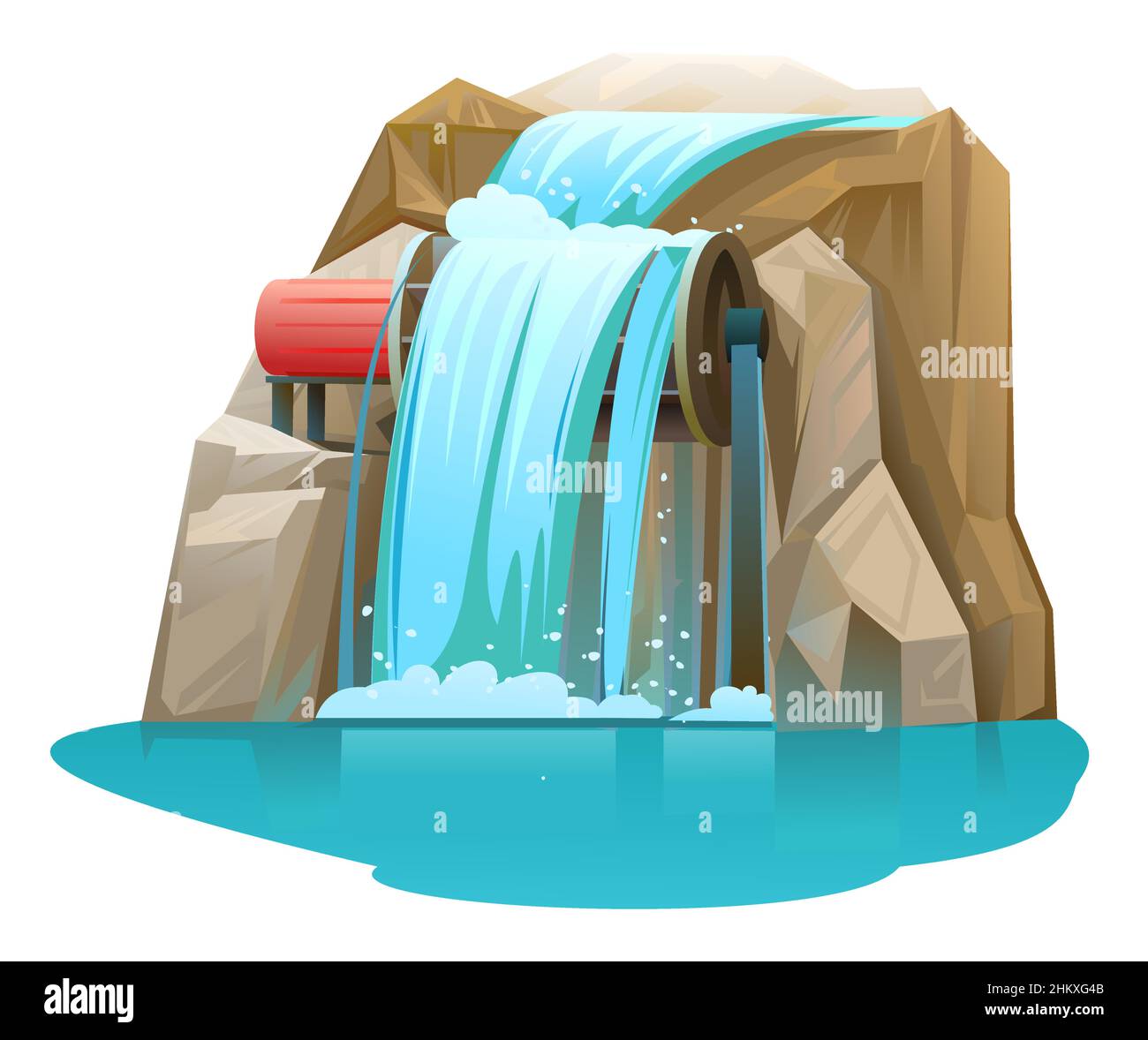 Generatore di acqua. La cascata si riversa sulla ruota a palette. Generazione di elettricità. Oggetto isolato su sfondo bianco. Vettore Illustrazione Vettoriale