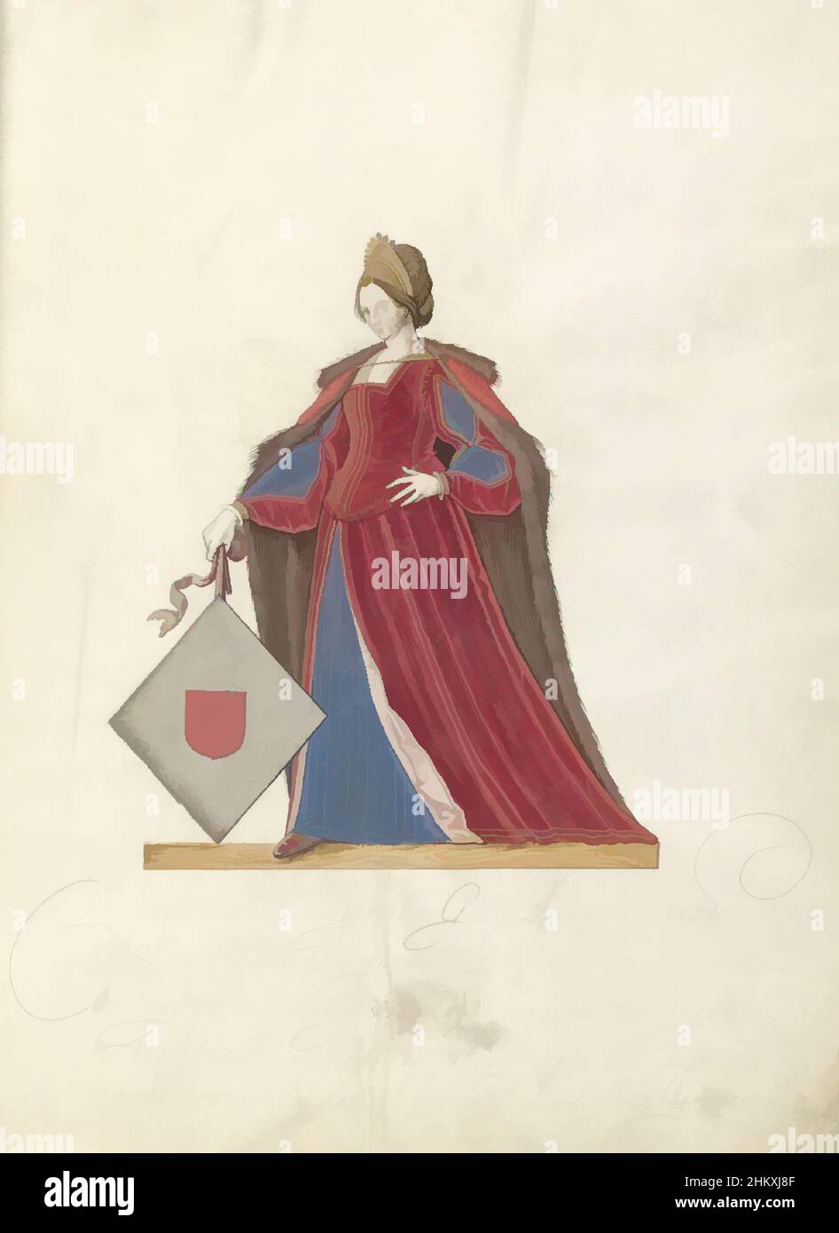 Arte ispirata dalla contessa di Beusichem, contessa di Beusichem, moglie del conte Willem van Beusichem (Boesinchem). Era figlia del Conte di Rijpenscheijden del Ducato di Lussemburgo. In piedi a tutta lunghezza con uno stemma nella mano destra. Parte di un manoscritto illustrato, opere classiche modernizzate da Artotop con un tocco di modernità. Forme, colore e valore, impatto visivo accattivante sulle emozioni artistiche attraverso la libertà delle opere d'arte in modo contemporaneo. Un messaggio senza tempo che persegue una nuova direzione selvaggiamente creativa. Artisti che si rivolgono al supporto digitale e creano l'NFT Artotop Foto Stock