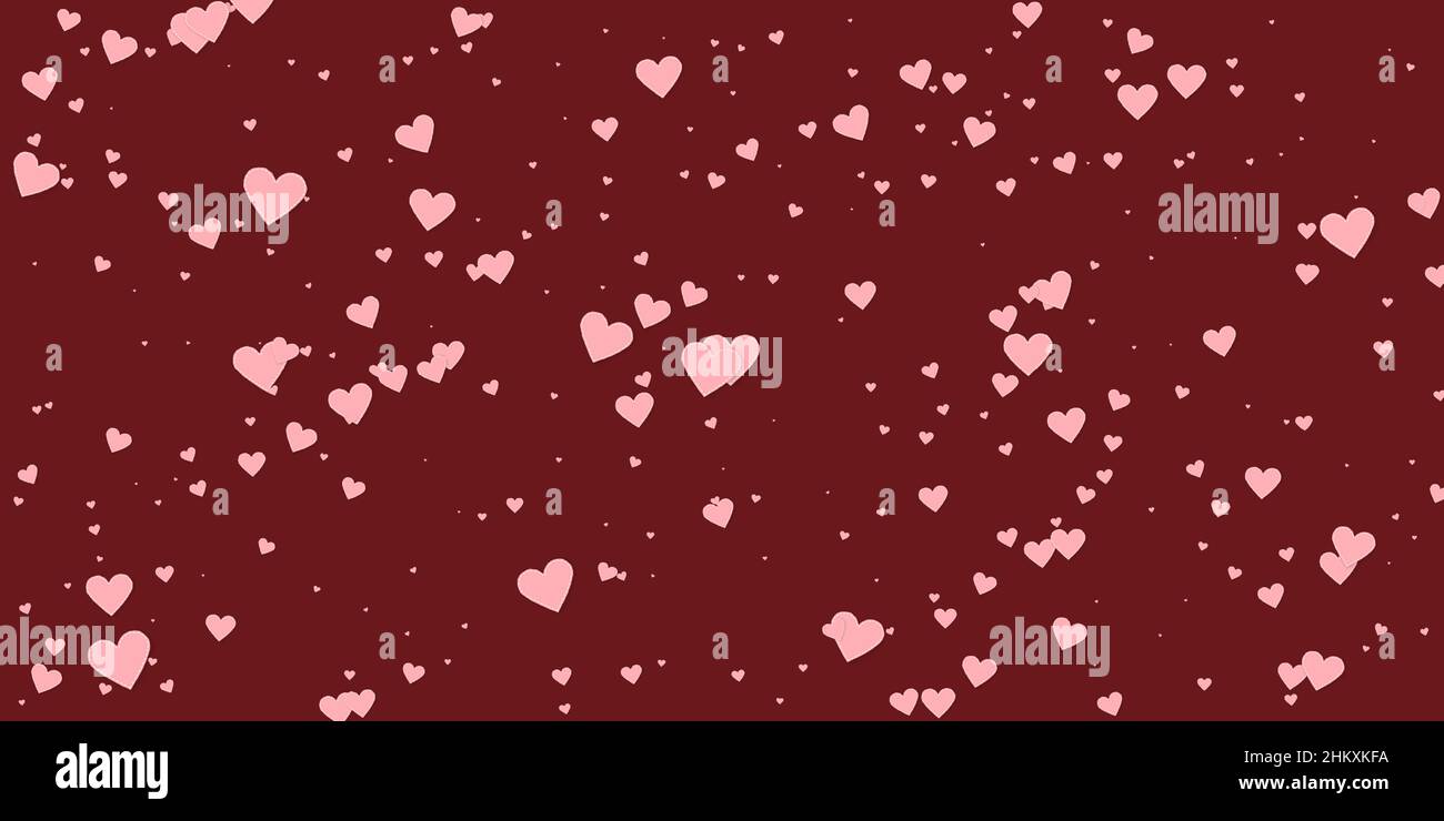 Cuore rosa amore confettis. San Valentino caduta pioggia sfondo superbo. I cuori di carta cuciti cadenti si confettano su sfondo maroon. Vect emotivo Illustrazione Vettoriale