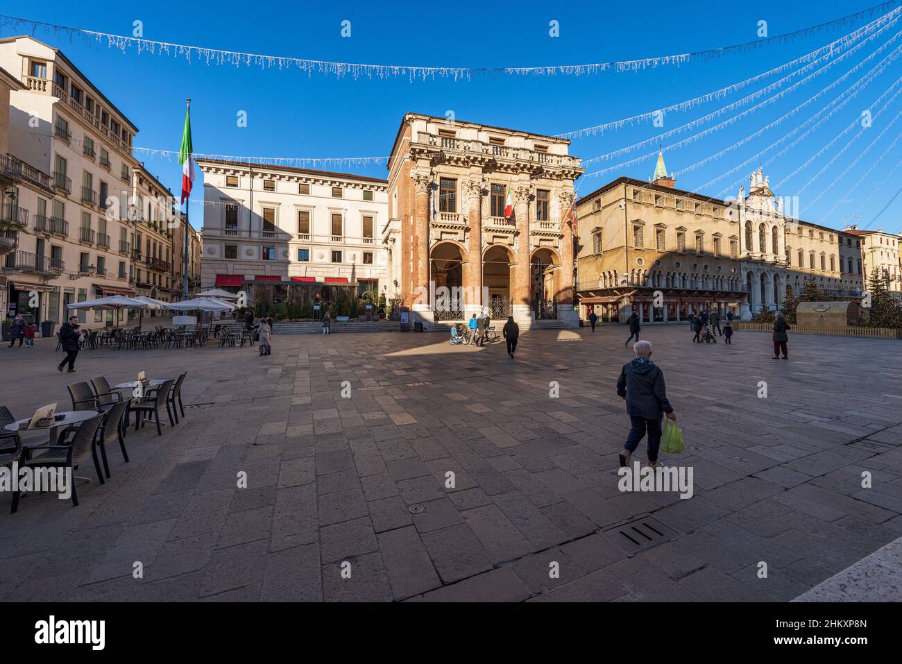 Piazza Vicenza, Piazza dei Signori, Palazzo del Capitaniato, Chiesa di San Vincenzo e Palazzo di Monte di Pieta, Veneto, Italia. Foto Stock