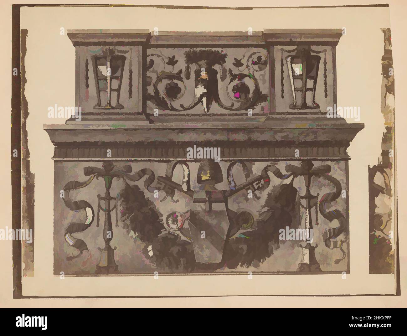 Arte ispirata al rilievo con lo stemma della Città del Vaticano, una ghirlanda e una testa maschera, Enrico Verzaschi, Italia, c.. 1875 - c. 1900, cartone, stampa albume, altezza 212 mm x larghezza 279 mm, opere classiche modernizzate da Artotop con un tocco di modernità. Forme, colore e valore, impatto visivo accattivante sulle emozioni artistiche attraverso la libertà delle opere d'arte in modo contemporaneo. Un messaggio senza tempo che persegue una nuova direzione selvaggiamente creativa. Artisti che si rivolgono al supporto digitale e creano l'NFT Artotop Foto Stock