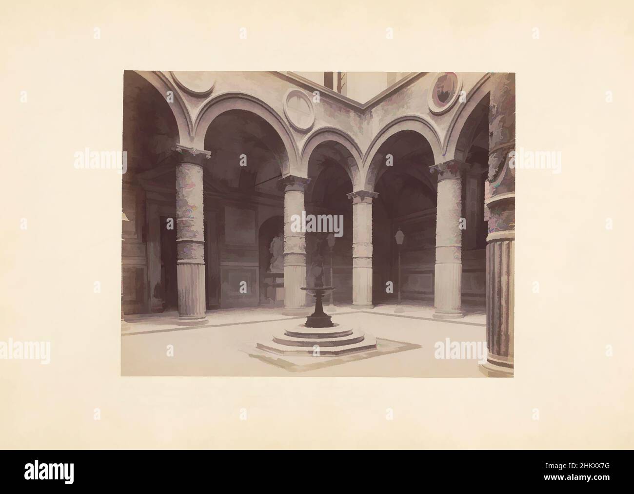 Arte ispirata al cortile con fontana di Palazzo Vecchio a Firenze, Firenze. Cortile del Palazzo Vecchio, Firenze, c.. 1875 - c. 1900, cartone, stampa albume, altezza 196 mm x larghezza 252 mm, opere classiche modernizzate da Artotop con un tocco di modernità. Forme, colore e valore, impatto visivo accattivante sulle emozioni artistiche attraverso la libertà delle opere d'arte in modo contemporaneo. Un messaggio senza tempo che persegue una nuova direzione selvaggiamente creativa. Artisti che si rivolgono al supporto digitale e creano l'NFT Artotop Foto Stock