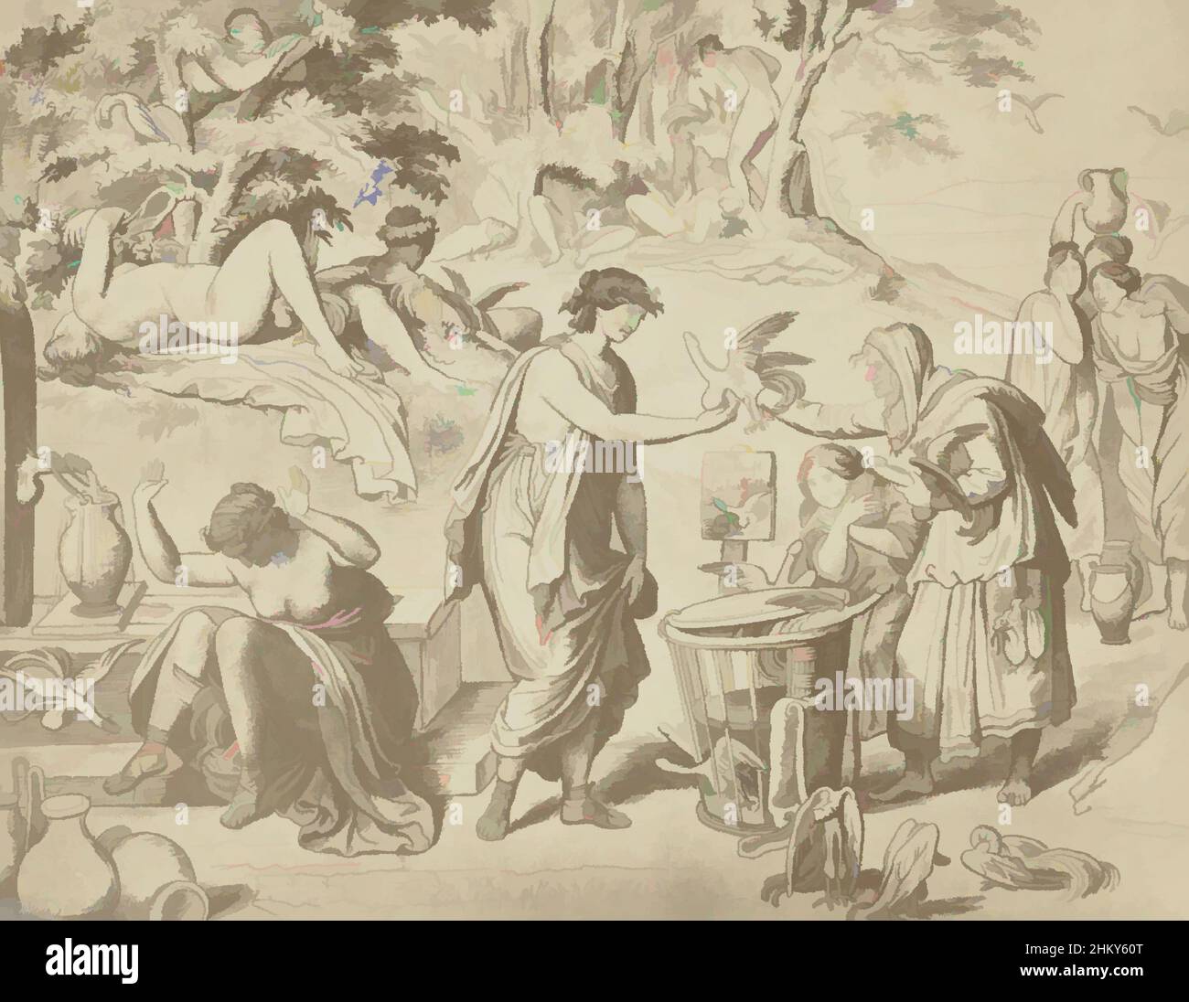 Arte ispirata dalla riproduzione del disegno con una vecchia donna che vende falle alate, c.. 1900 - c. 1920, supporto fotografico, stampa albume, altezza 103 mm x larghezza 135 mm, opere classiche modernizzate da Artotop con un tocco di modernità. Forme, colore e valore, impatto visivo accattivante sulle emozioni artistiche attraverso la libertà delle opere d'arte in modo contemporaneo. Un messaggio senza tempo che persegue una nuova direzione selvaggiamente creativa. Artisti che si rivolgono al supporto digitale e creano l'NFT Artotop Foto Stock