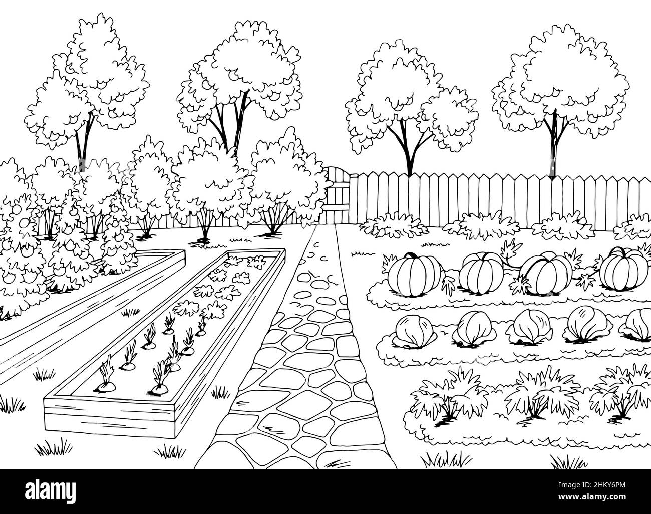 Orto giardino grafico bianco nero paesaggio disegno vettore illustrazione Illustrazione Vettoriale