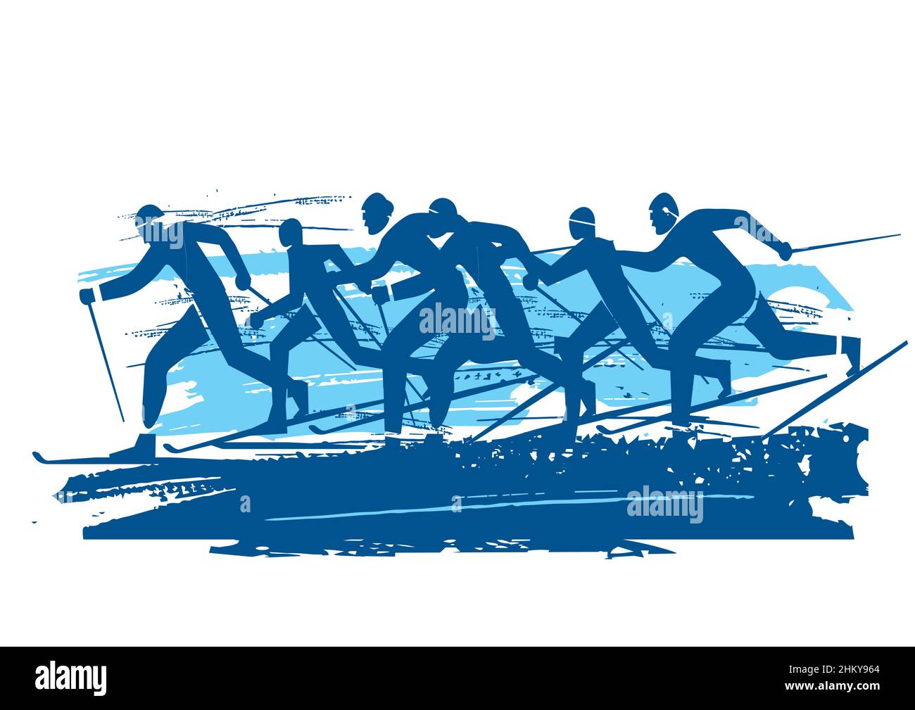 Gara di sci di fondo. Illustrazione blu espressiva dei concorrenti dello sci nordico. Vettore disponibile. Illustrazione Vettoriale