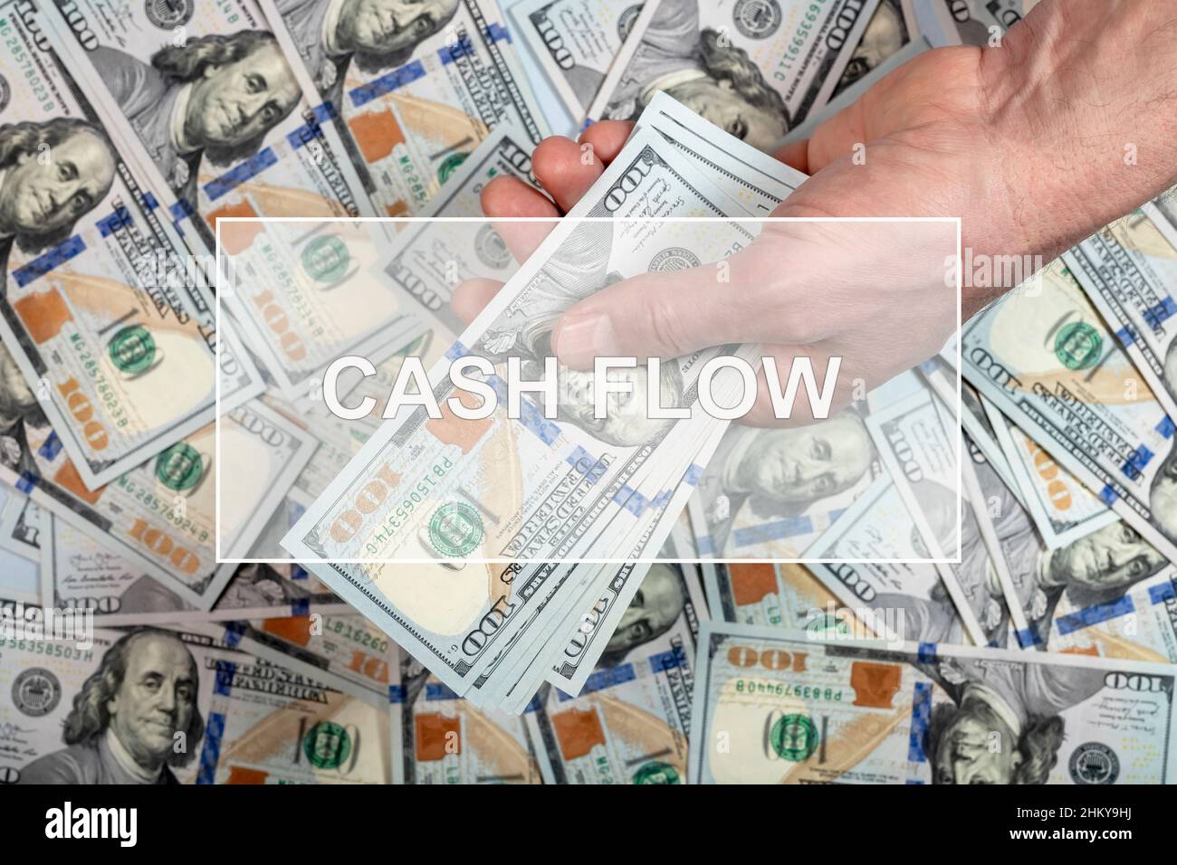 Parola cashflow. Concetto di flusso di cassa con foto di denaro. Foto Stock