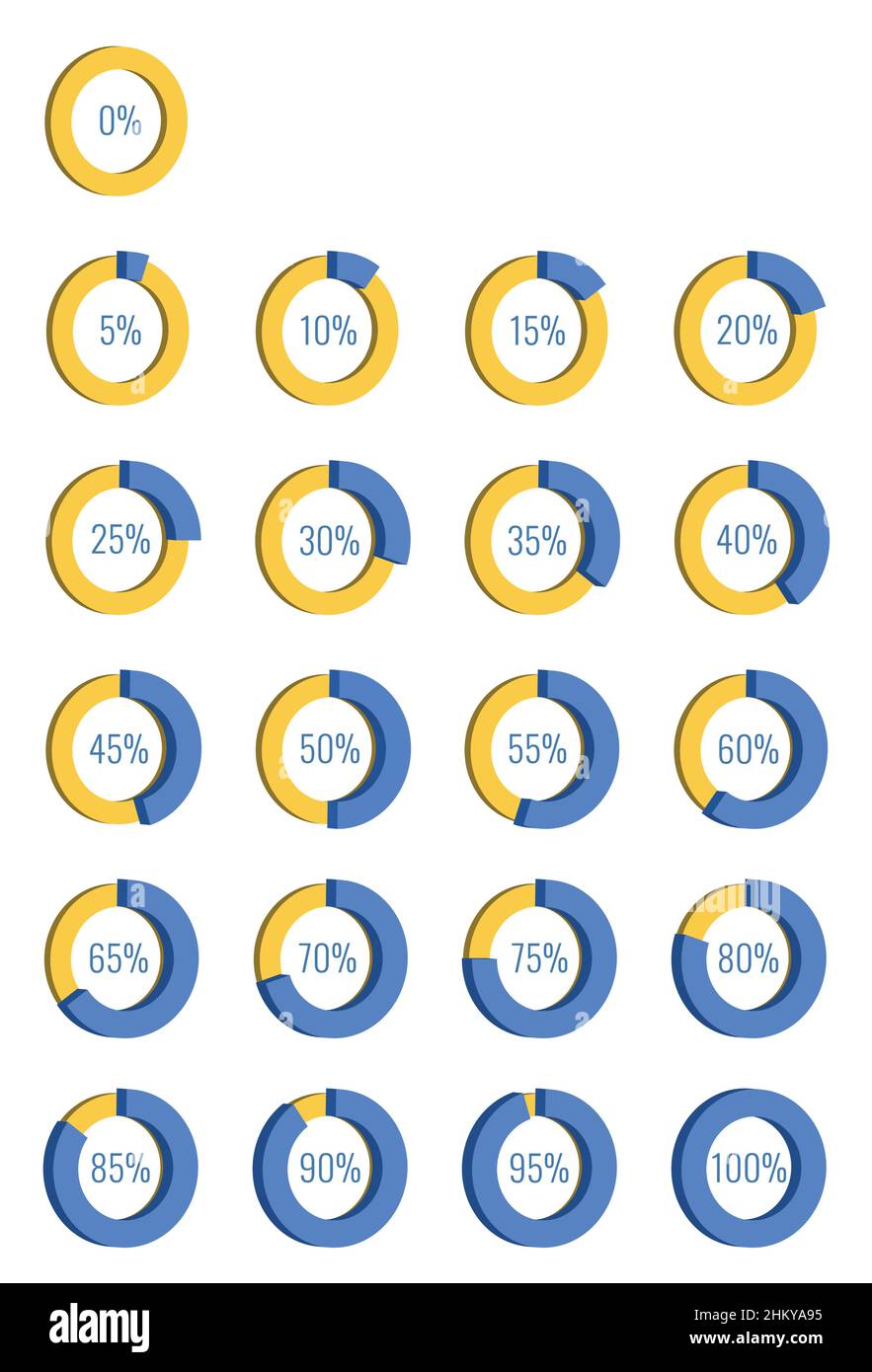 Set vettoriale infografico di icone a torta a 3D percentuali da zero a cento in incrementi di cinque Illustrazione Vettoriale
