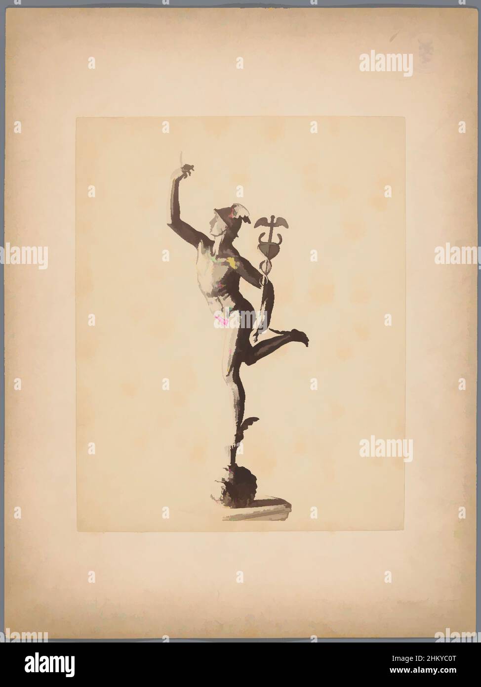 Arte ispirata alla statua di bronzo di Mercurio di Giovanni da Bologna o Giambologna, 1850 - 1900, supporto fotografico, cartoncino, stampa albume, Altezza 385 mm x larghezza 288 mm, opere classiche modernizzate da Artotop con un tocco di modernità. Forme, colore e valore, impatto visivo accattivante sulle emozioni artistiche attraverso la libertà delle opere d'arte in modo contemporaneo. Un messaggio senza tempo che persegue una nuova direzione selvaggiamente creativa. Artisti che si rivolgono al supporto digitale e creano l'NFT Artotop Foto Stock