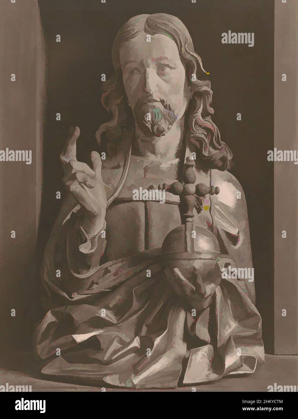 Arte ispirata dalla vista di un busto di Cristo fare un gesto di benedizione con una mano e portare una mela impero nell'altra, J Christophe, 1900 - 1960, supporto fotografico, gelatina stampa argento, Altezza 378 mm x larghezza 290 mm, opere classiche modernizzate da Artotop con un tocco di modernità. Forme, colore e valore, impatto visivo accattivante sulle emozioni artistiche attraverso la libertà delle opere d'arte in modo contemporaneo. Un messaggio senza tempo che persegue una nuova direzione selvaggiamente creativa. Artisti che si rivolgono al supporto digitale e creano l'NFT Artotop Foto Stock