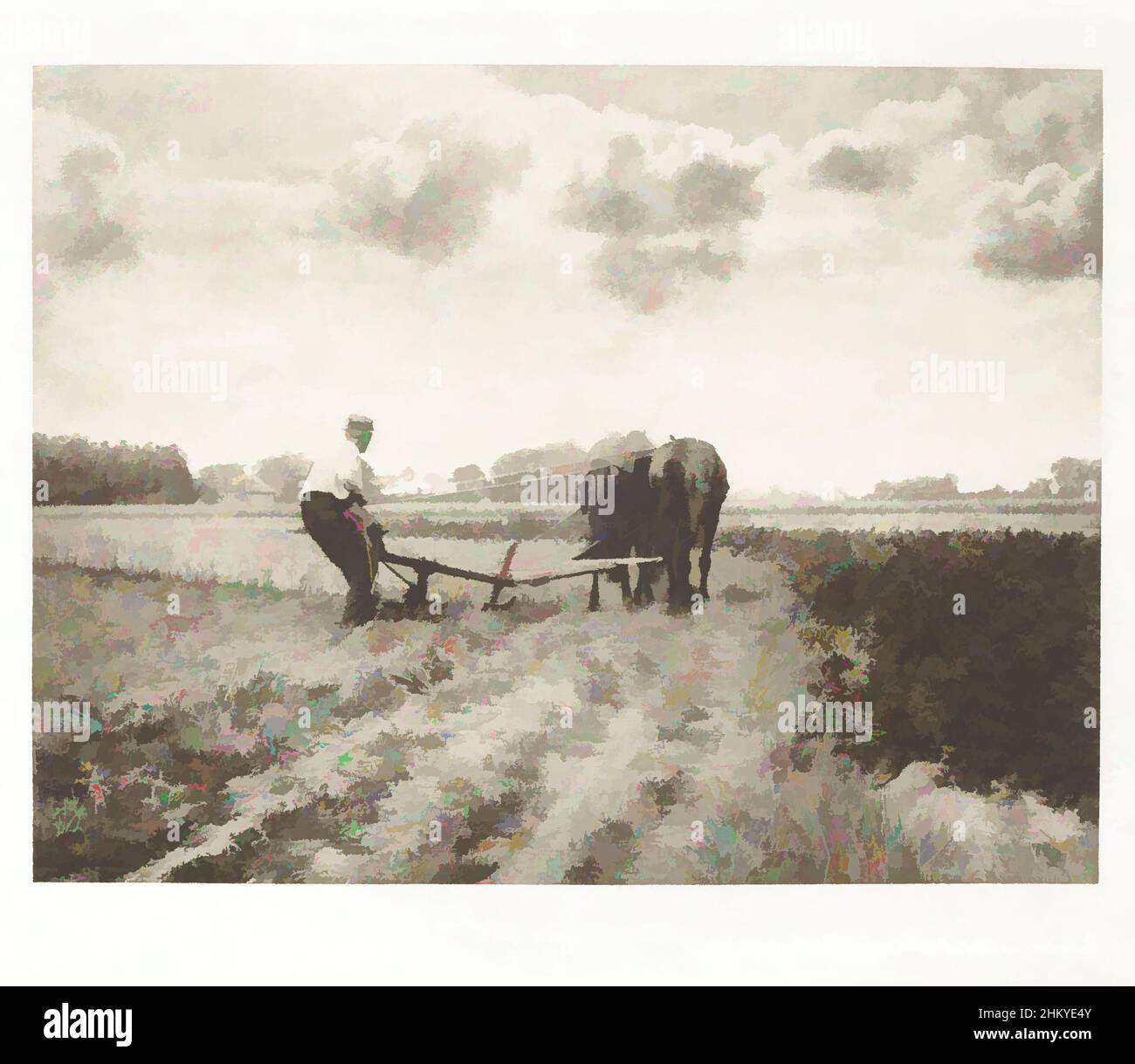Arte ispirata da Farmer con cavalli e aratro in un campo, Plowman, J.G. Birre, Paesi Bassi, c.. 1899 - in o prima del 1904, carta, altezza 119 mm x larghezza 155 mm, opere classiche modernizzate da Artotop con un tocco di modernità. Forme, colore e valore, impatto visivo accattivante sulle emozioni artistiche attraverso la libertà delle opere d'arte in modo contemporaneo. Un messaggio senza tempo che persegue una nuova direzione selvaggiamente creativa. Artisti che si rivolgono al supporto digitale e creano l'NFT Artotop Foto Stock