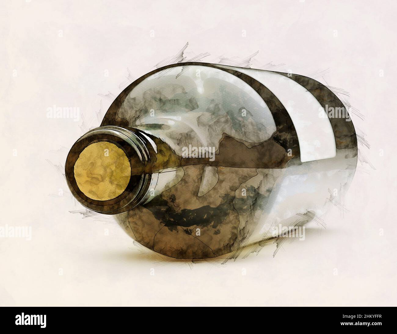 Illustrazione schizzo di una bottiglia di vino su carta Foto Stock