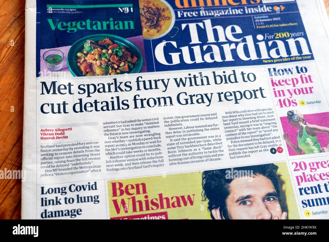 'Il Met scintilla furia con l'offerta di tagliare i dettagli dal rapporto Gray' Guardian Downing Street parties prima pagina del titolo del giornale 29 gennaio 2022 Londra UK Foto Stock