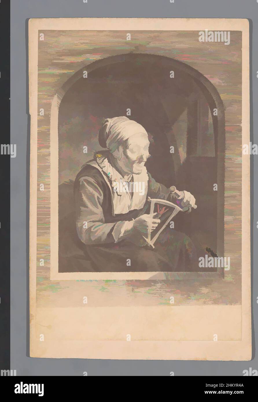 Arte ispirata dalla riproduzione fotografica di un'incisione dopo una pittura di una donna vestita in pizzo, di Gerard Dou, 1850 - 1900, supporto fotografico, cartone, Stampa albume, altezza 77 mm x larghezza 58 mm altezza 97 mm x larghezza 62 mm, opere classiche modernizzate da Artotop con un tocco di modernità. Forme, colore e valore, impatto visivo accattivante sulle emozioni artistiche attraverso la libertà delle opere d'arte in modo contemporaneo. Un messaggio senza tempo che persegue una nuova direzione selvaggiamente creativa. Artisti che si rivolgono al supporto digitale e creano l'NFT Artotop Foto Stock