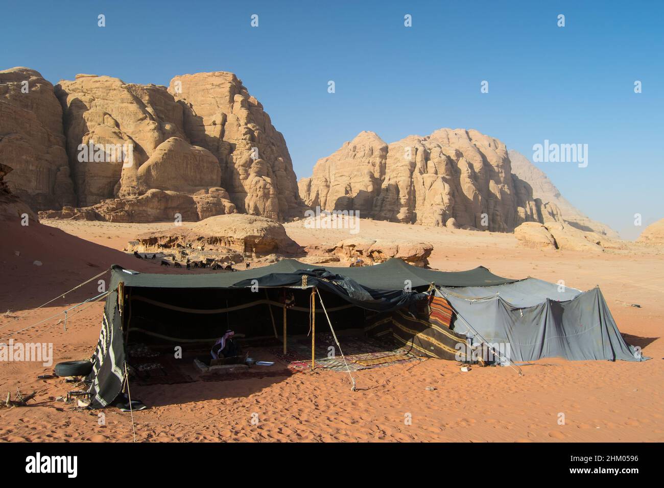 Bellissimo scatto di alcuni campi vicino ad alcune enormi scogliere a Wadi Rum, Giordania. Foto Stock