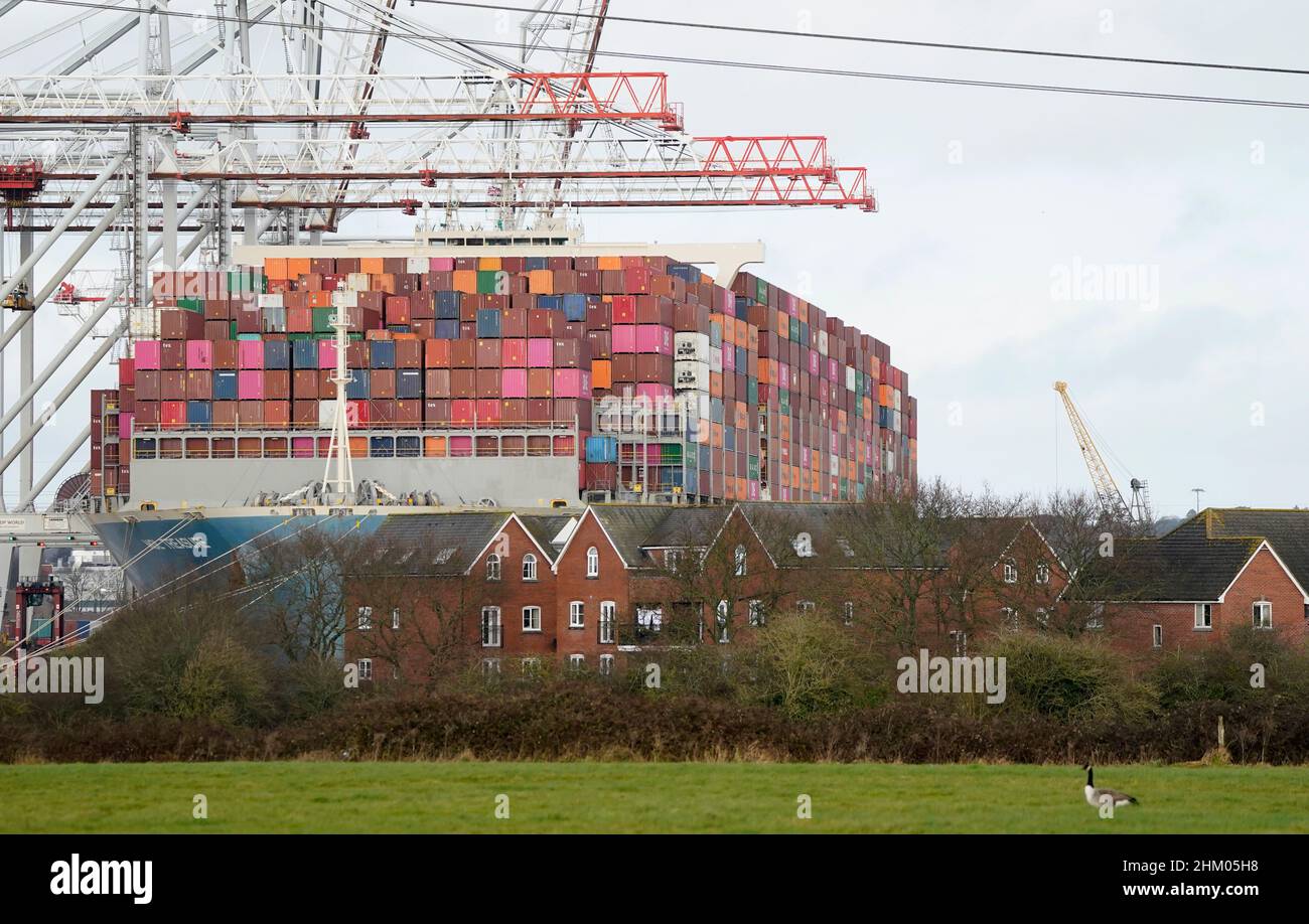 La nave container MOL Treasure sovrasta le case vicine a Marchwood, Hampshire, mentre all'ormeggio al DP World Container Terminal al porto di Southampton. Data foto: Domenica 6 febbraio 2022. Foto Stock