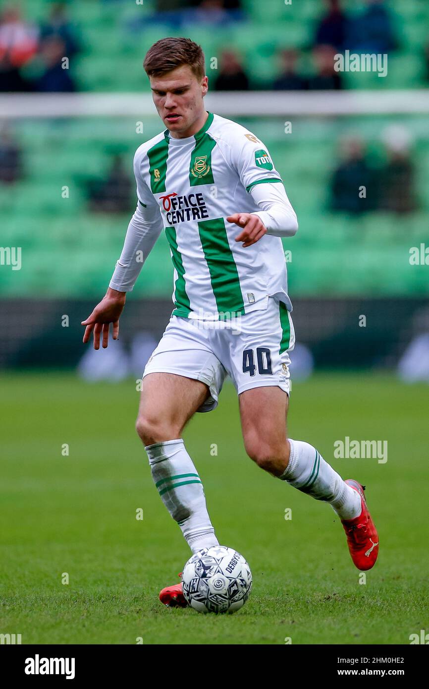 GRONINGEN, PAESI BASSI - FEBBRAIO 6: Bjorn Meijer del FC Groningen durante la partita olandese Eredivie tra il FC Groningen e le aquile Passi pure allo Stadion Euroborg il 6 Febbraio 2022 a Groningen, Paesi Bassi (Foto di Henk Jan Dijks/Orange Pictures) Foto Stock