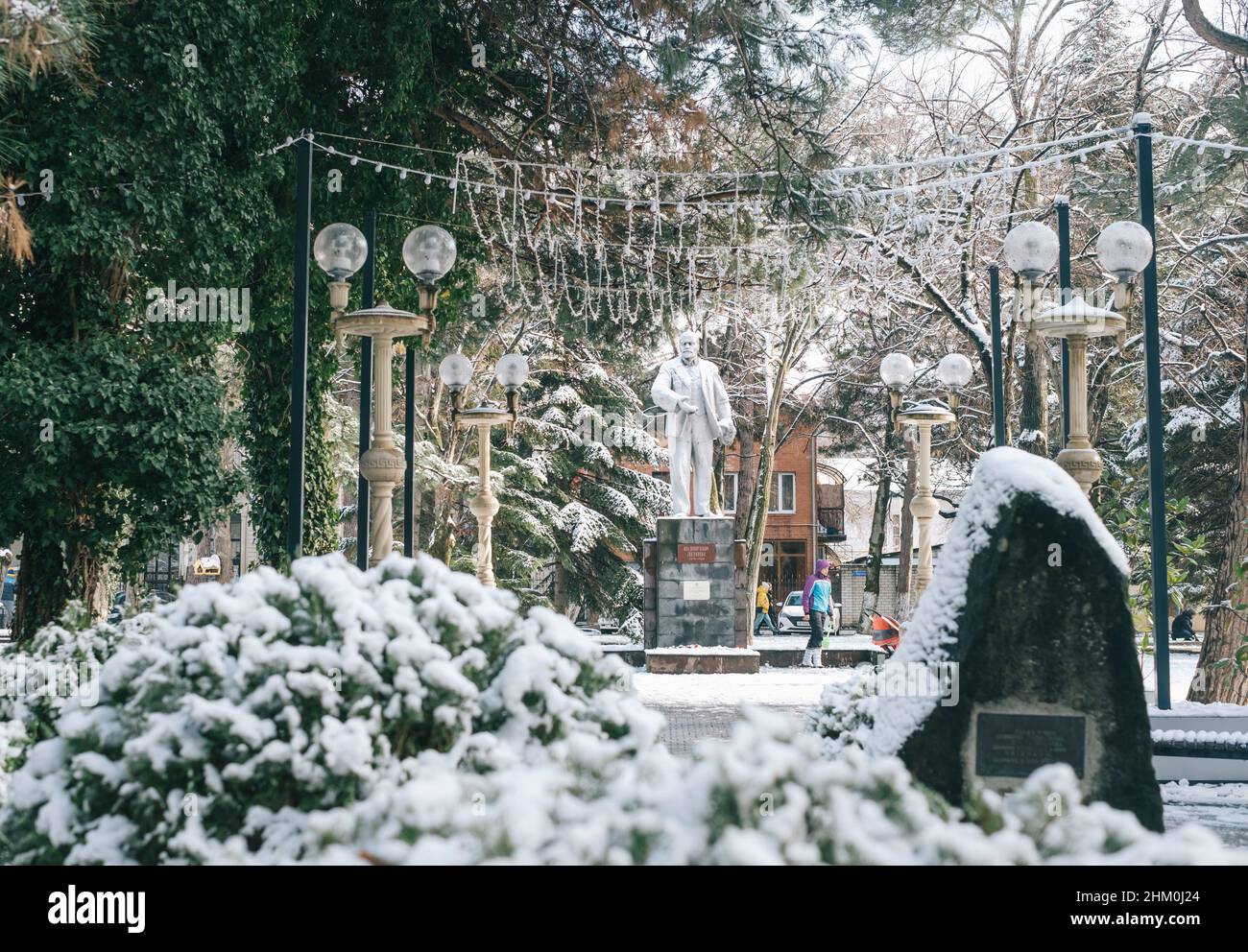 Piazza Pervomaisky con un monumento a Lenin nella stagione invernale. Foto Stock