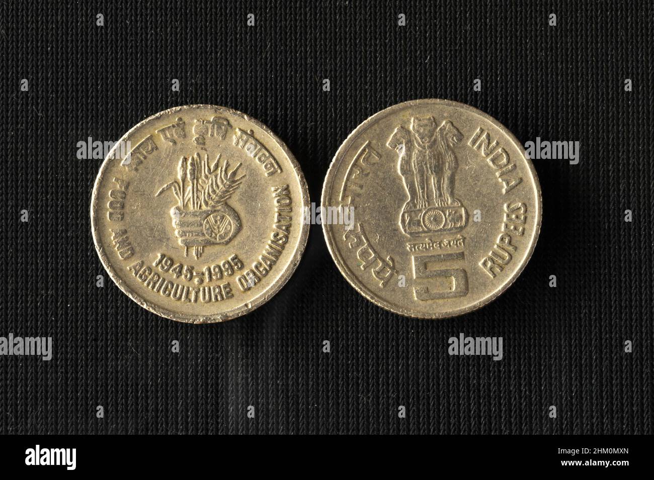 Mumbai India Asia Marzo 22 2021 moneta indiana cinque rupie moneta simbolo di organizzazione agricola 1945-1995 sul retro della moneta ashoka leone.. Foto Stock