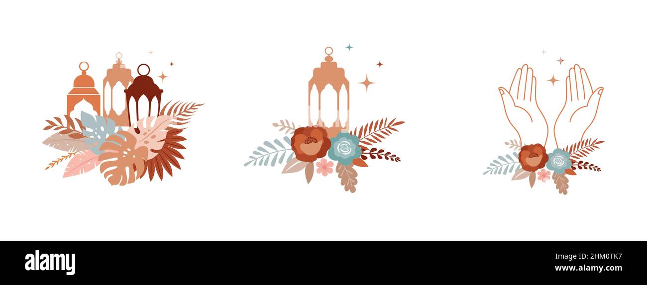 Ramadan Kareem moderno design islamico. Mezzaluna, lanterne con fiori e mani in preghiera, boho illustrazioni, arrangiamenti Illustrazione Vettoriale