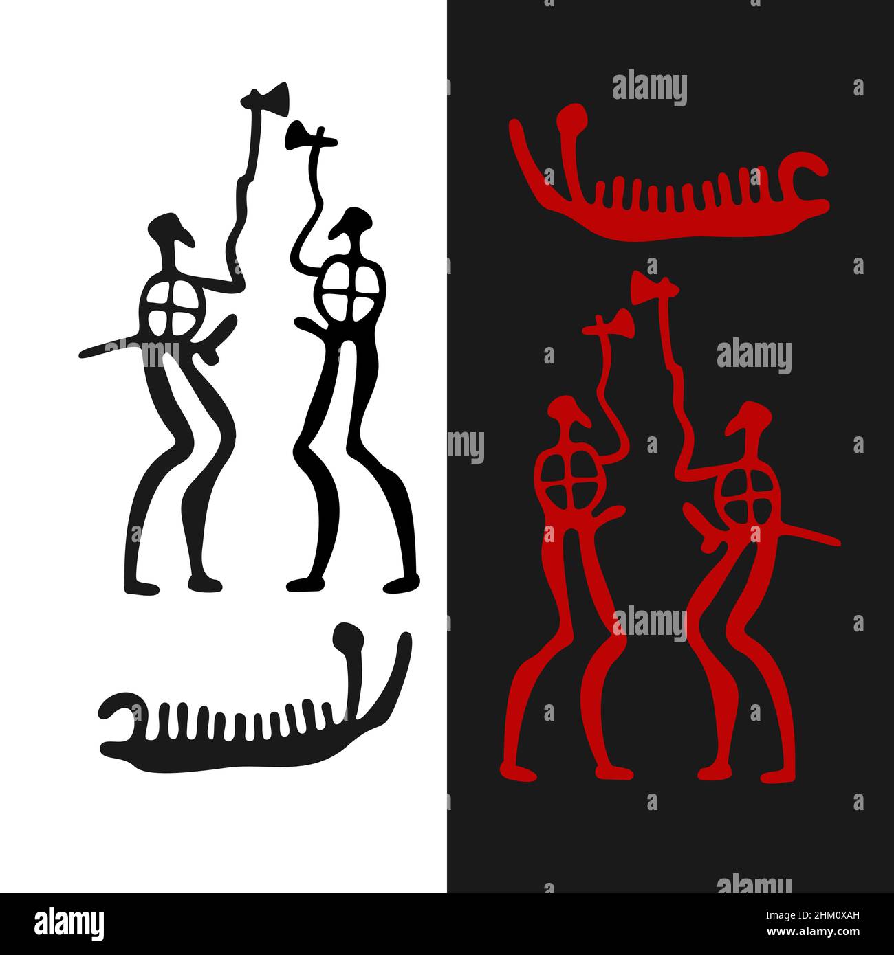 Petroglifi di due antichi guerrieri con assi e un drakkar, illustrazione vettoriale. Disegni antichi sulle pietre della Scandinavia. Dipinti di roccia vichinga Illustrazione Vettoriale