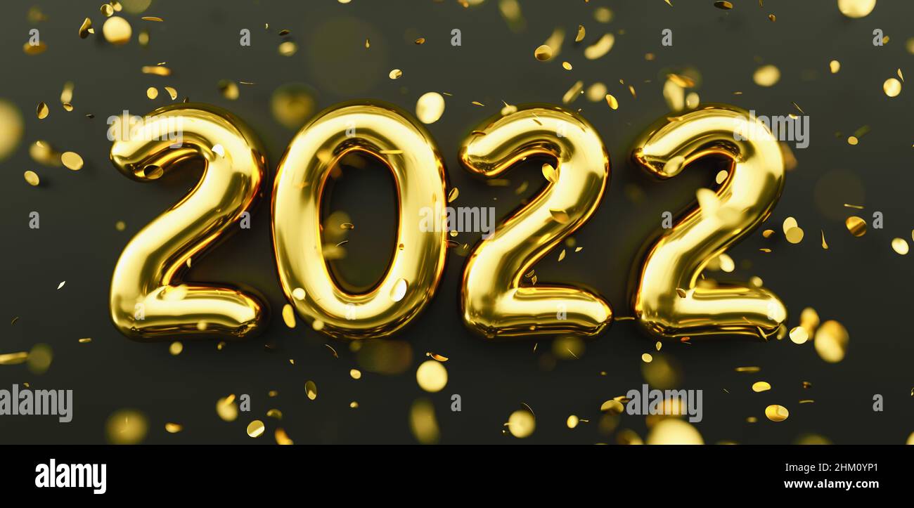 Felice anno nuovo 2022. 2022 numeri dorati e luccichini cadenti si confettano su sfondo nero. Numeri oro. Immagine del concetto di poster o banner festivo Foto Stock