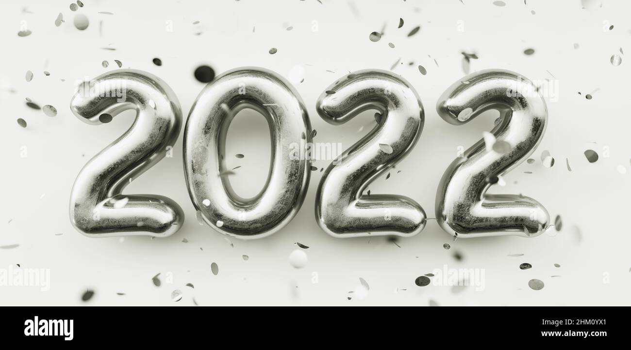 Felice anno nuovo 2022. 2022 numeri d'argento e glitter cadenti si confettano su sfondo bianco. Numeri argentati. Immagine del concetto di poster o banner festivo Foto Stock