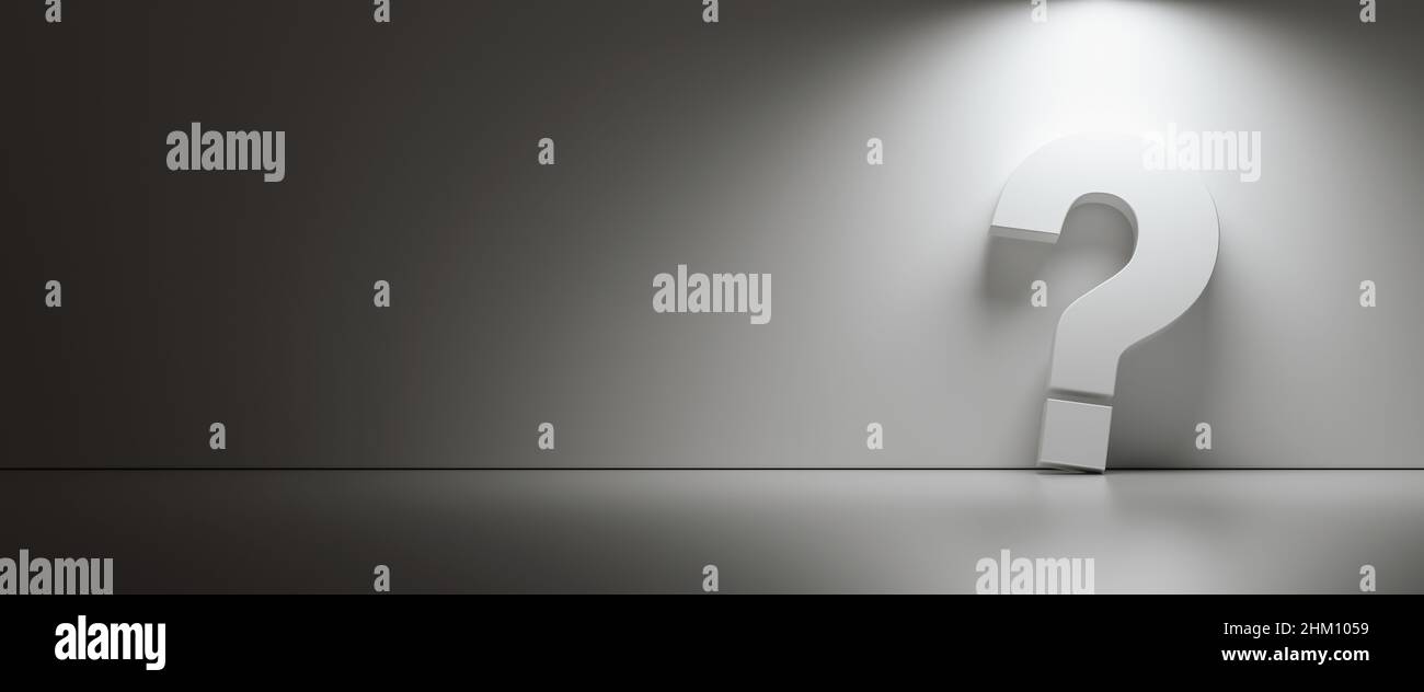 Punto interrogativo bianco su sfondo bianco scuro con spazio di copia vuoto sul lato sinistro, immagine del concetto FAQ Foto Stock