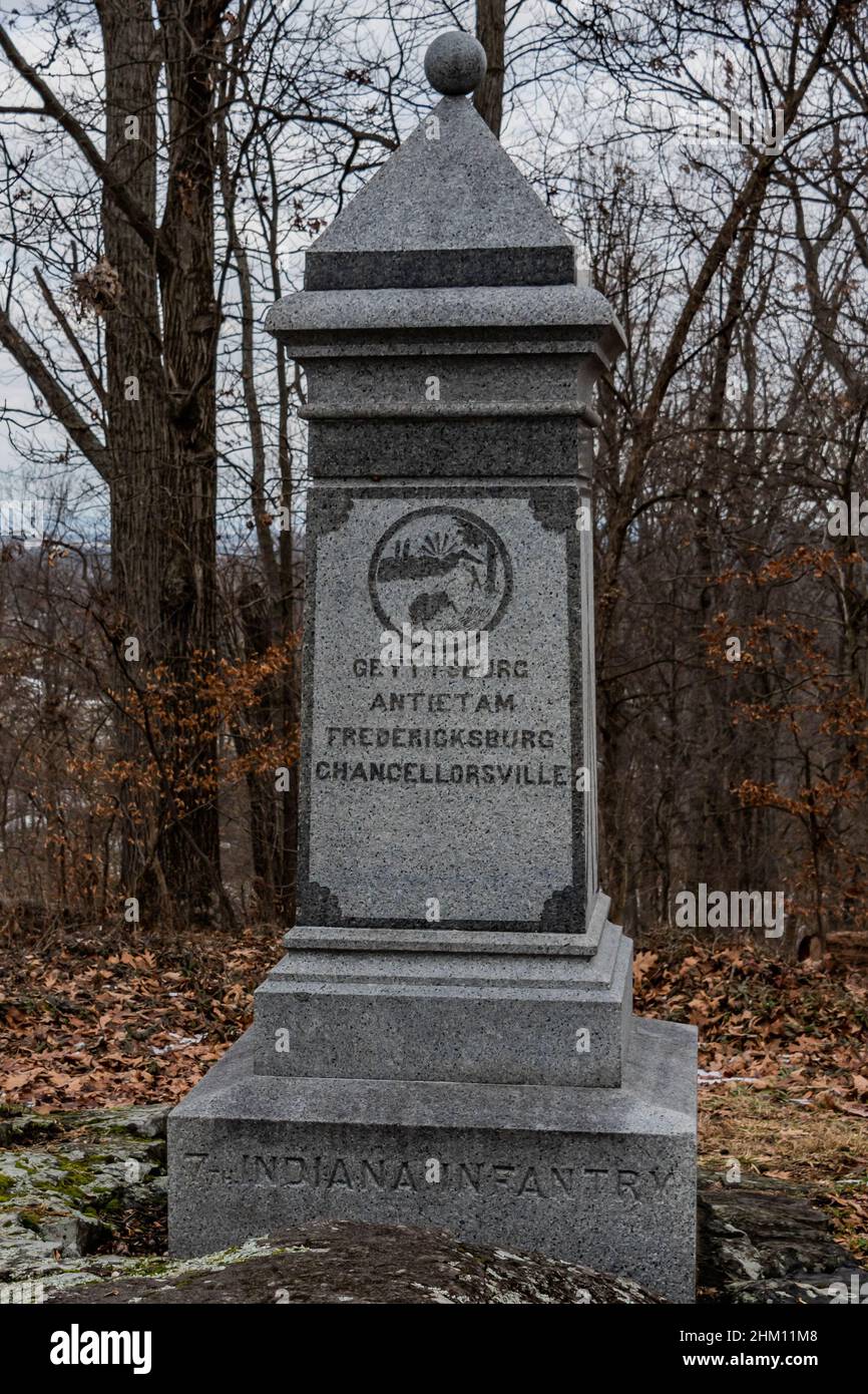 Monumento al 7th Indiana Fanttry Regiment, Culps Hill, Gettysburg Battlefield, Pennsylvania, USA Foto Stock