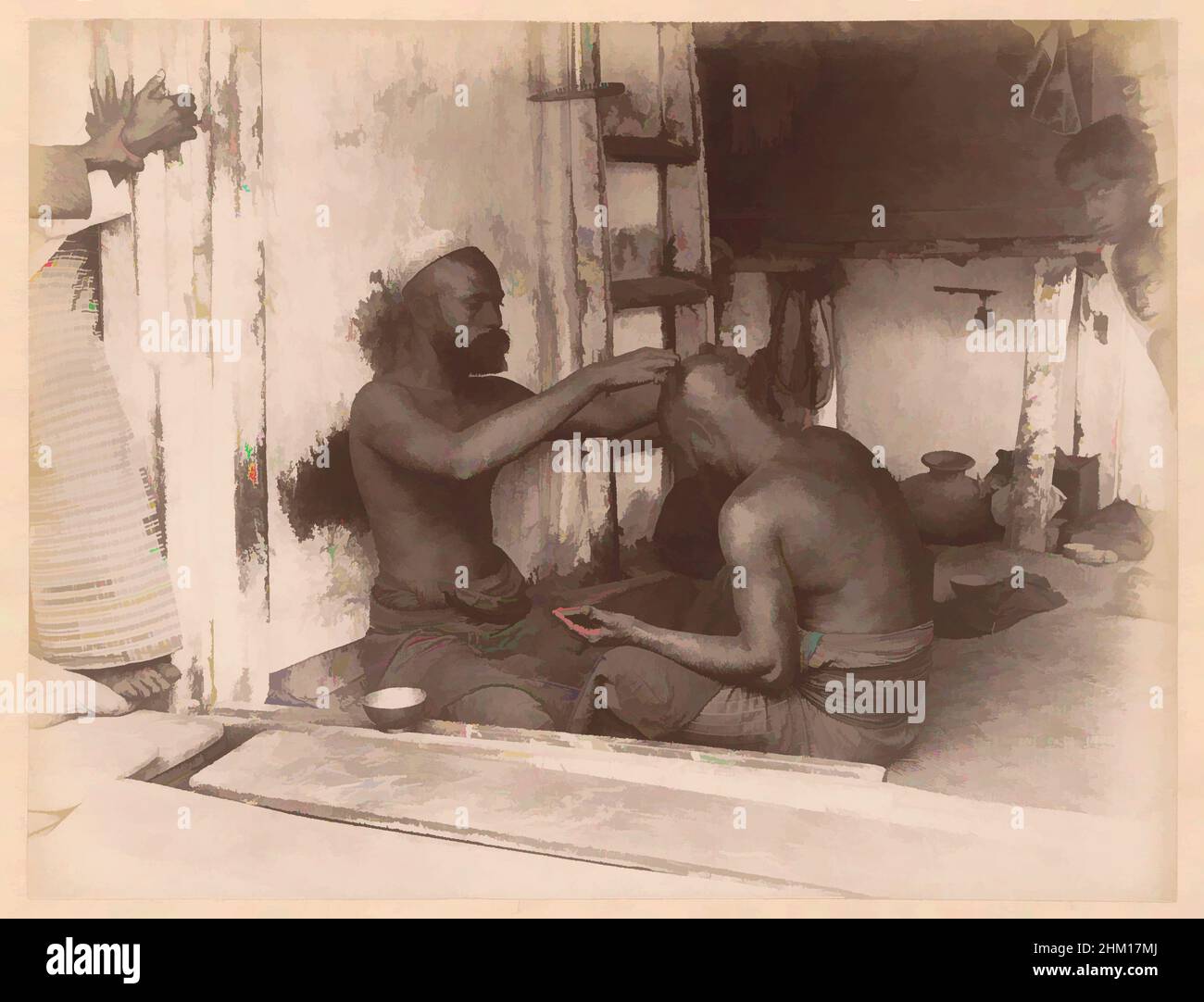 L'arte ispirata dall'uomo seduto rasa la testa di un altro uomo, Ceylon, due uomini sono seduti a terra, l'uomo sinistro è il barbiere, dell'uomo destro la testa è rasata calva. Nell'angolo in alto a destra, tre ragazzi sono visibili appena in vista dell'obiettivo. Sul lato sinistro, qualcuno è fermato, Classic opere modernizzate da Artotop con un tuffo di modernità. Forme, colore e valore, impatto visivo accattivante sulle emozioni artistiche attraverso la libertà delle opere d'arte in modo contemporaneo. Un messaggio senza tempo che persegue una nuova direzione selvaggiamente creativa. Artisti che si rivolgono al supporto digitale e creano l'NFT Artotop Foto Stock